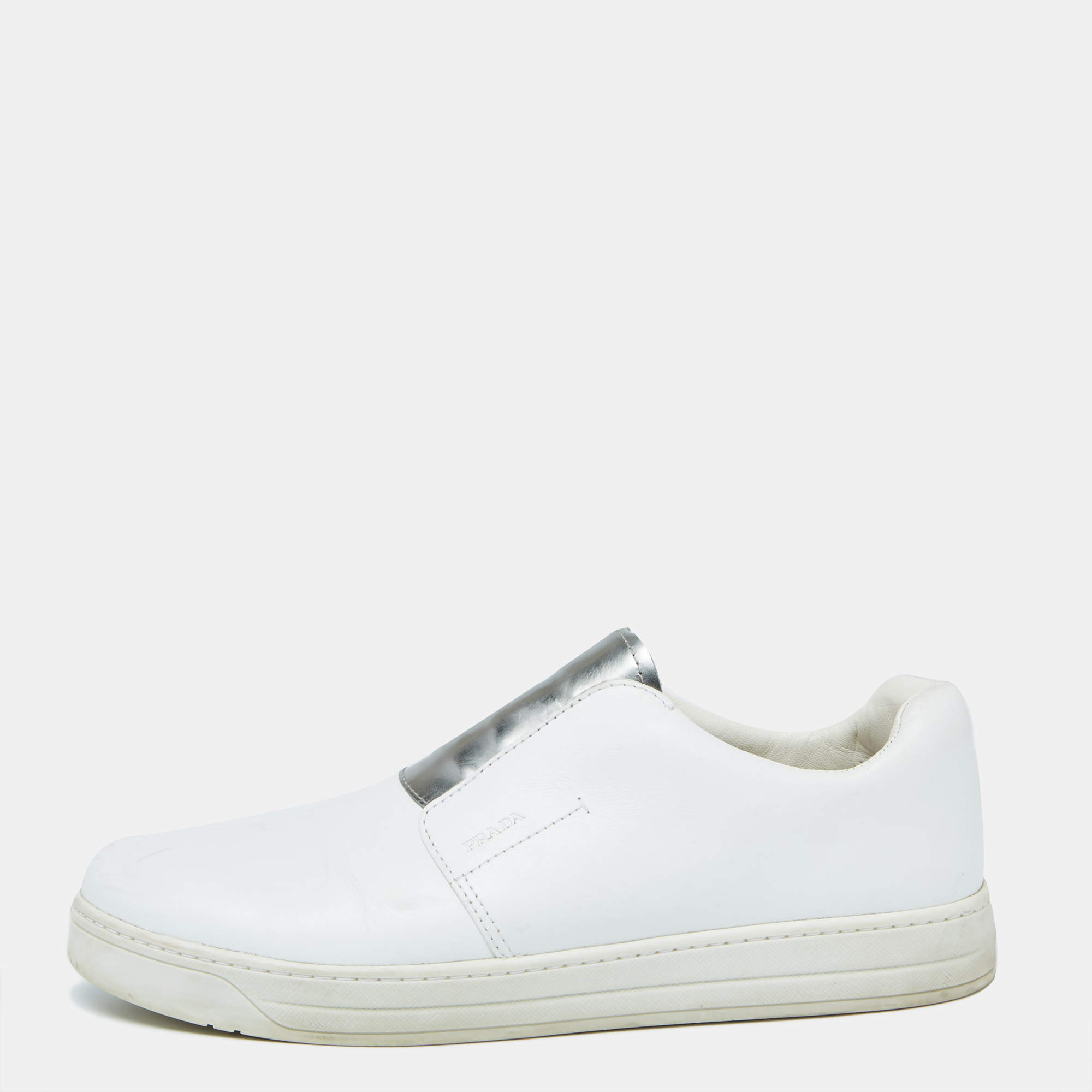 Pre Owned Prada White/Silver Leather Slip-On Sneakers Size 39