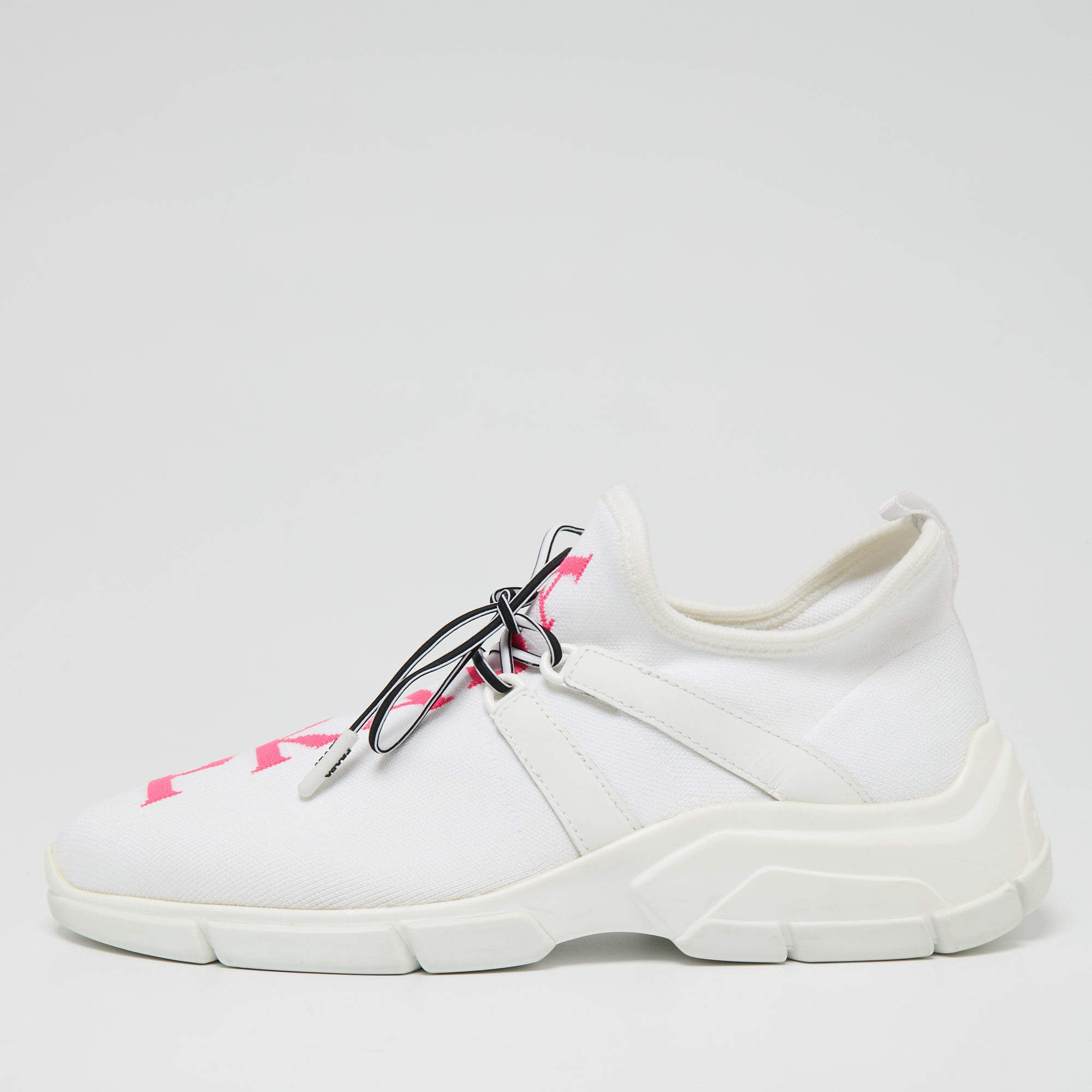 Pre Owned Prada White Knit Fabric Logo Embroidered Lace Up Sneakers Size 39