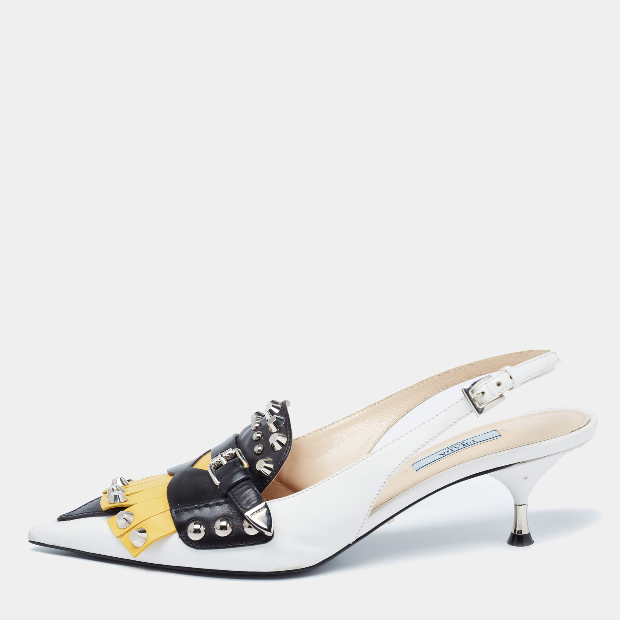 Pre Owned Prada Tri-Color Leather Studded Fringe Slingback Pumps Size 40