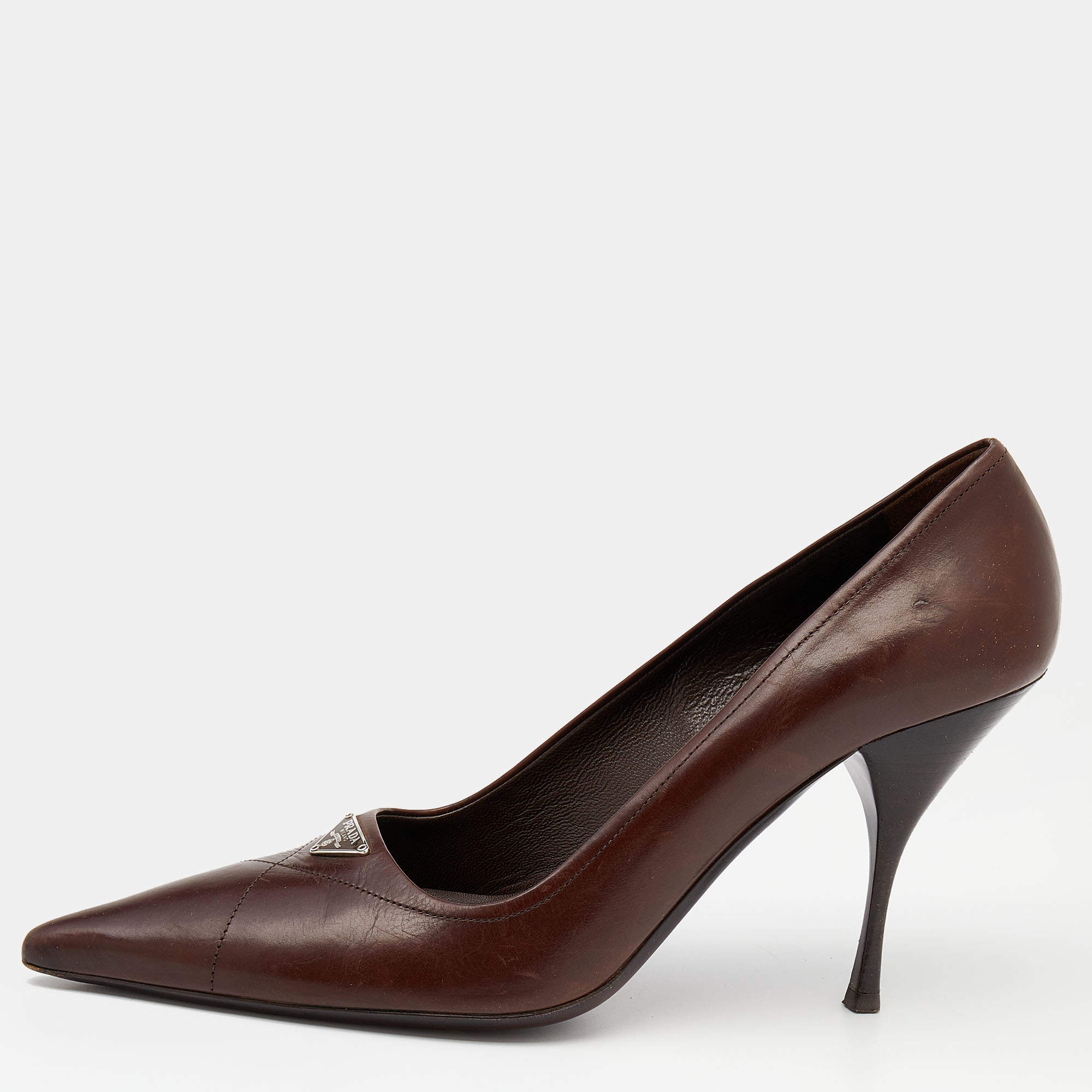 Pre Owned Prada Dark Brown Leather Pointed Toe Pumps Size 38