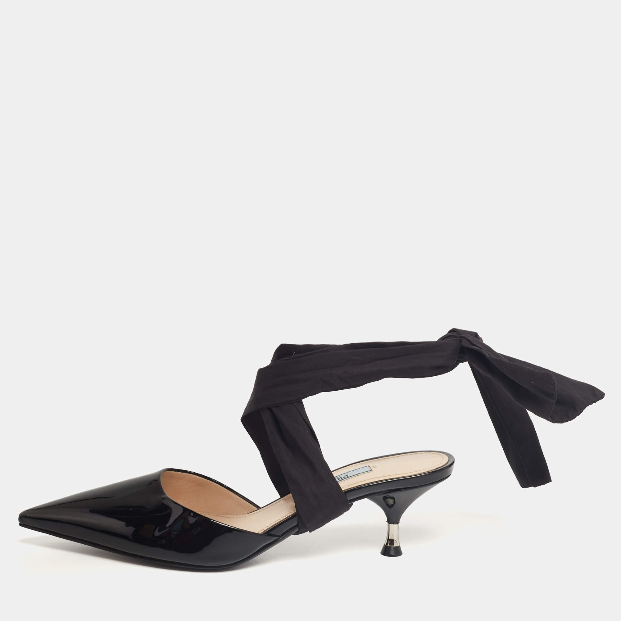 Pre Owned Prada Black Patent Leather Slingback Bow Pumps Size 36