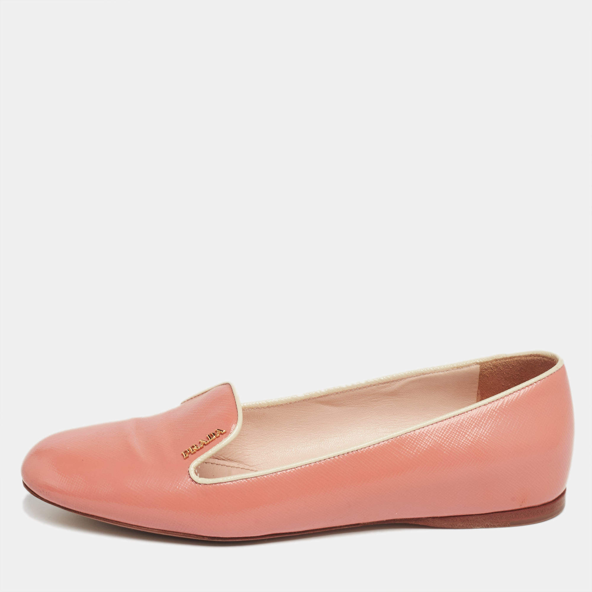 Pre Owned Prada Peach Patent Leather Smoking Slipper Size 36.5