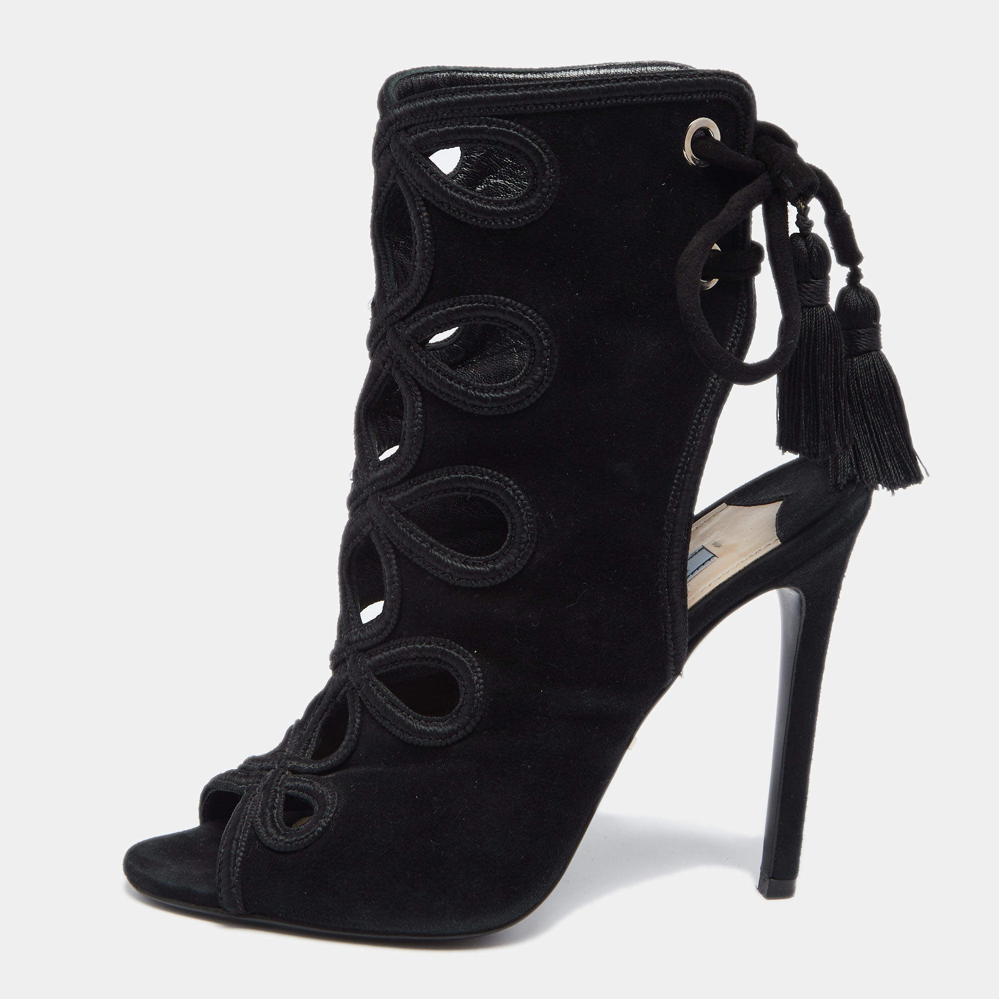 Pre Owned Prada Black Suede Sexy Thing  Ankle Tie Sandals  Size 37