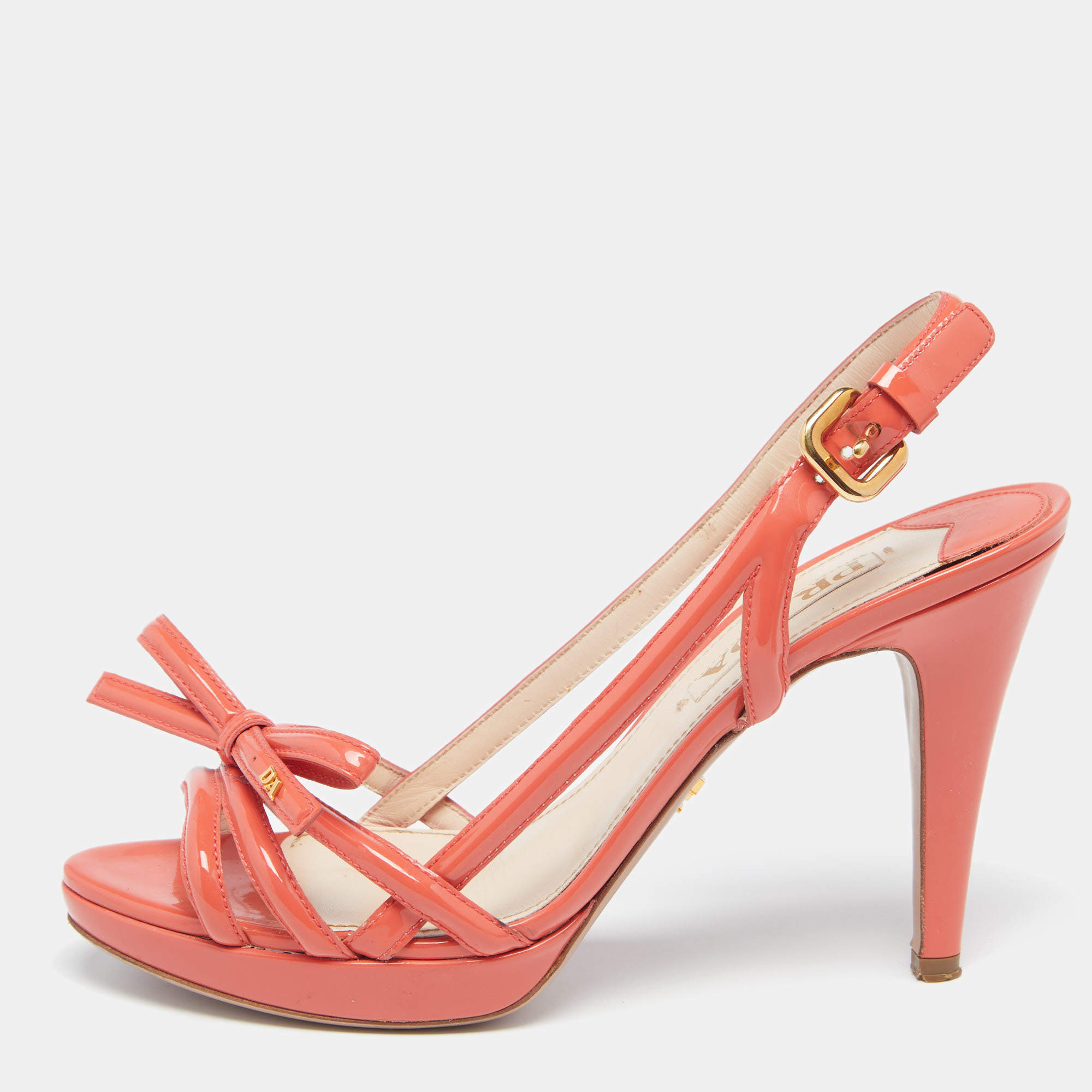 Pre Owned Prada  Orange Patent Leather Bow Slingback Sandals Size 39.5