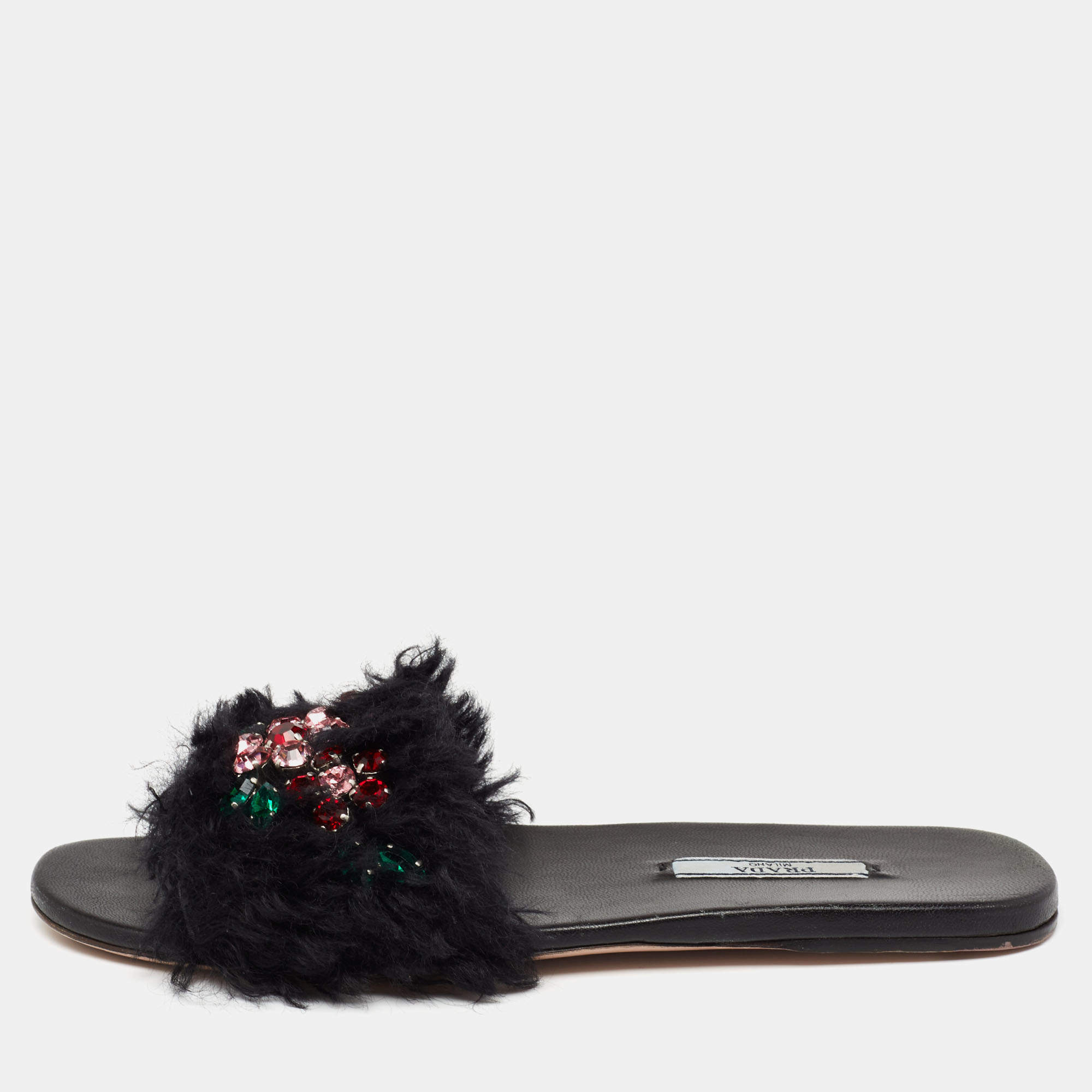 Pre Owned Prada Black Crystal Embellished Faux Fur Flat Slides Size 37.5