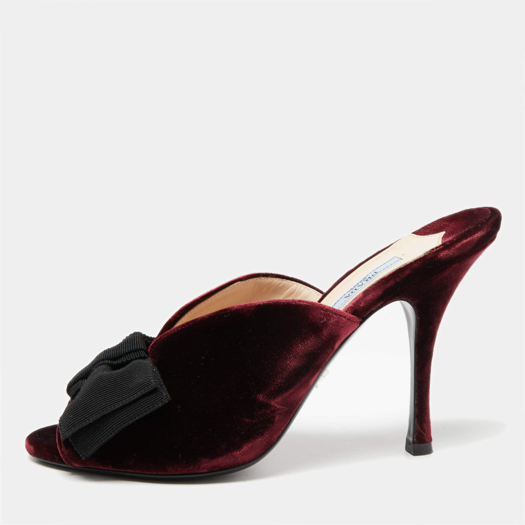 Prada Burgundy Velvet Bow Embellished Peep Toe Mules Size 39 Prada | TLC