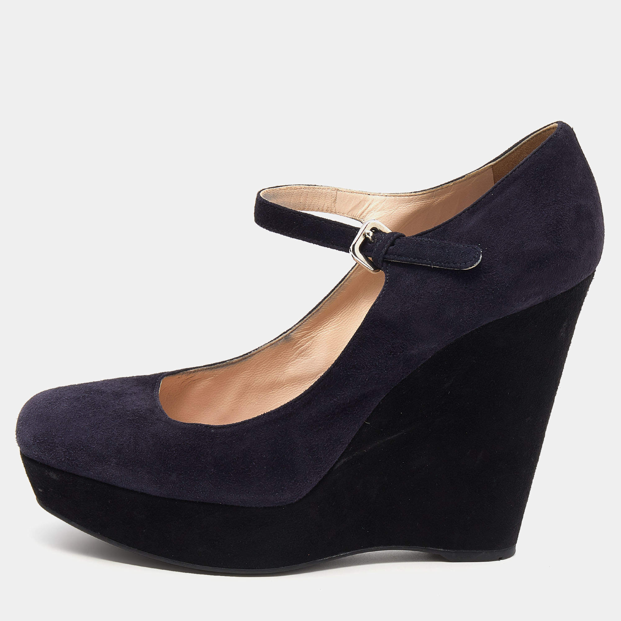 Pre Owned Prada Dark Purple Suede Wedge Platform Pumps Size 38