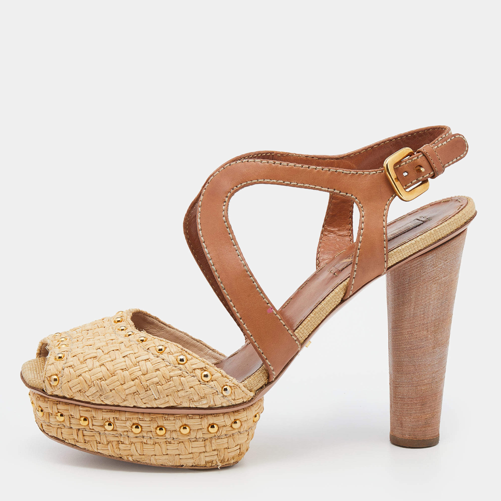 Prada Beige/Brown Raffia And Leather Ankle Strap Studded Platform Block Heel Sandals Size 42