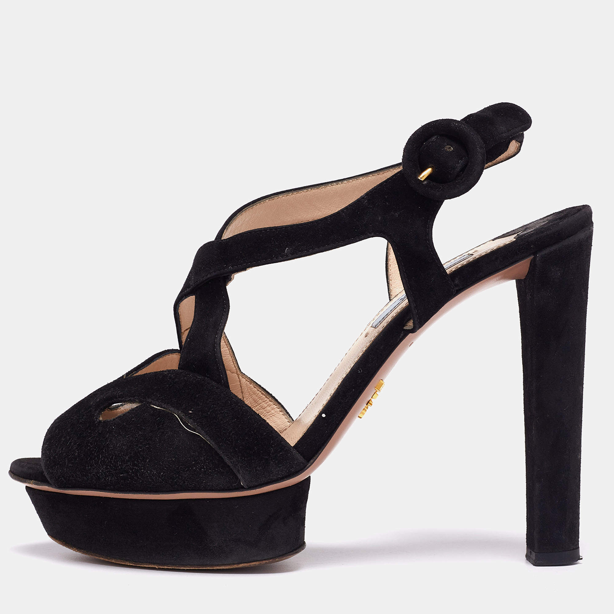 Prada Black Suede Cut-Out Peep-Toe Platform Sandals Size 38