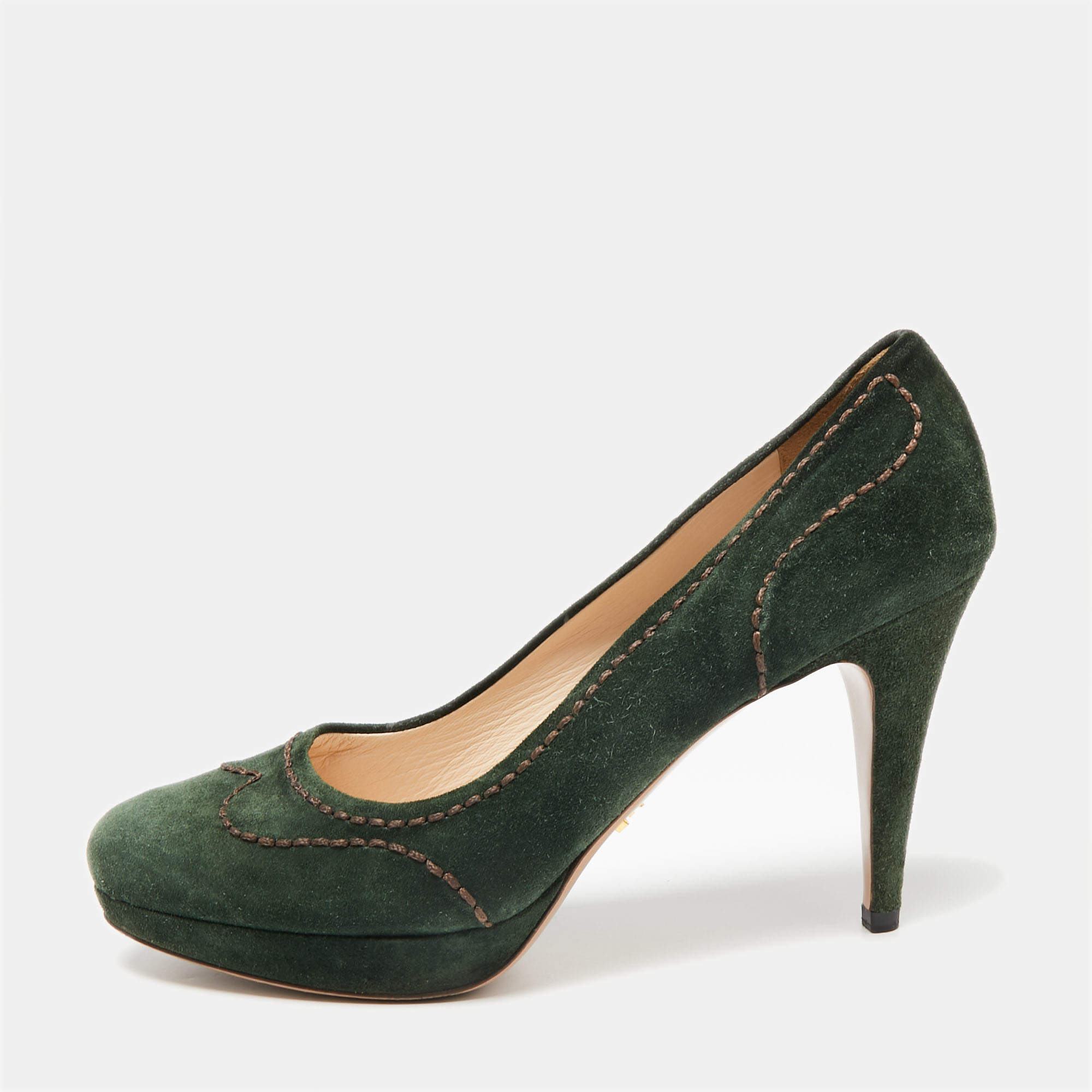 Pre Owned Prada Green Suede Stitch Detail Platform Pumps Size 39