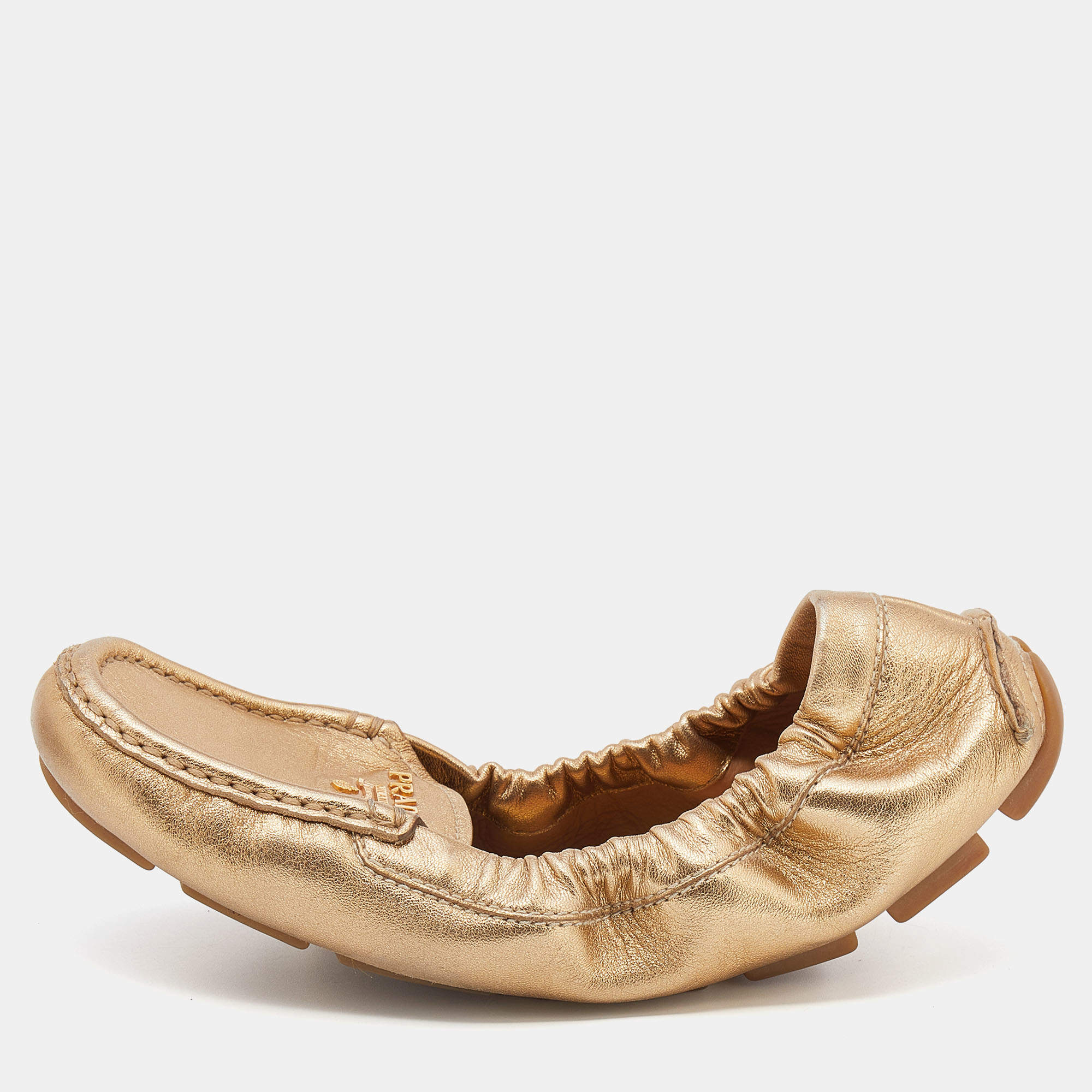 Prada Metallic Gold Leather Scrunch Slip On Loafers Size 36.5