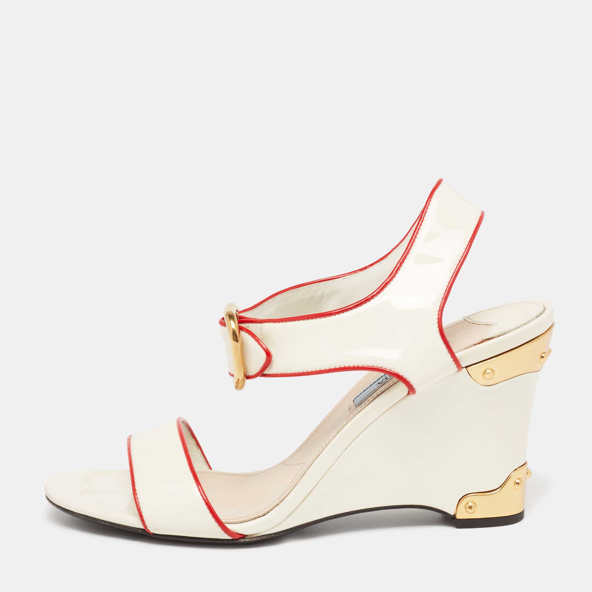 Pre Owned Prada Cream Patent Leather Wedge Ankle Strap Sandals Size 37