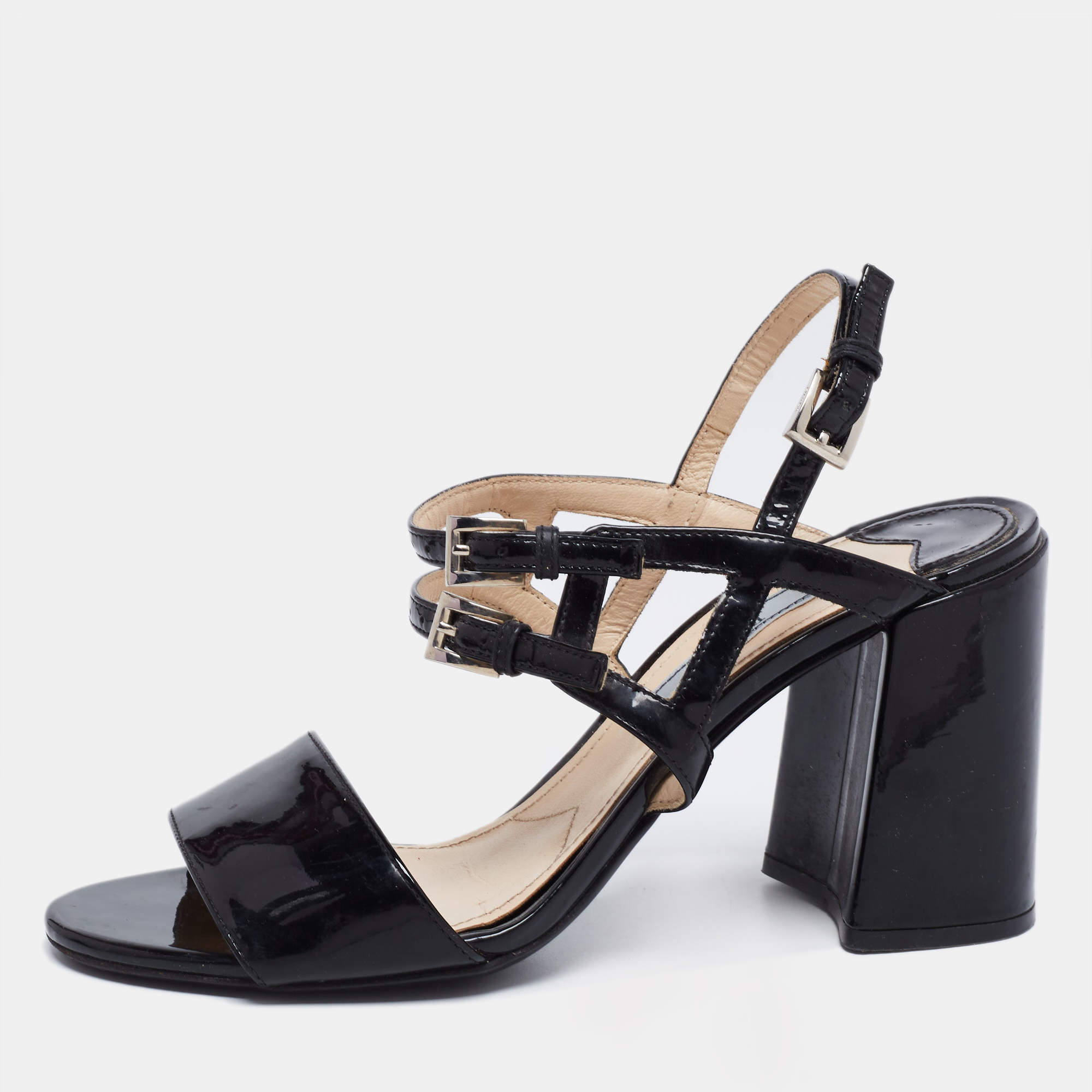 Pre Owned Prada Black Patent Leather Ankle-Strap Sandals Size 36.5