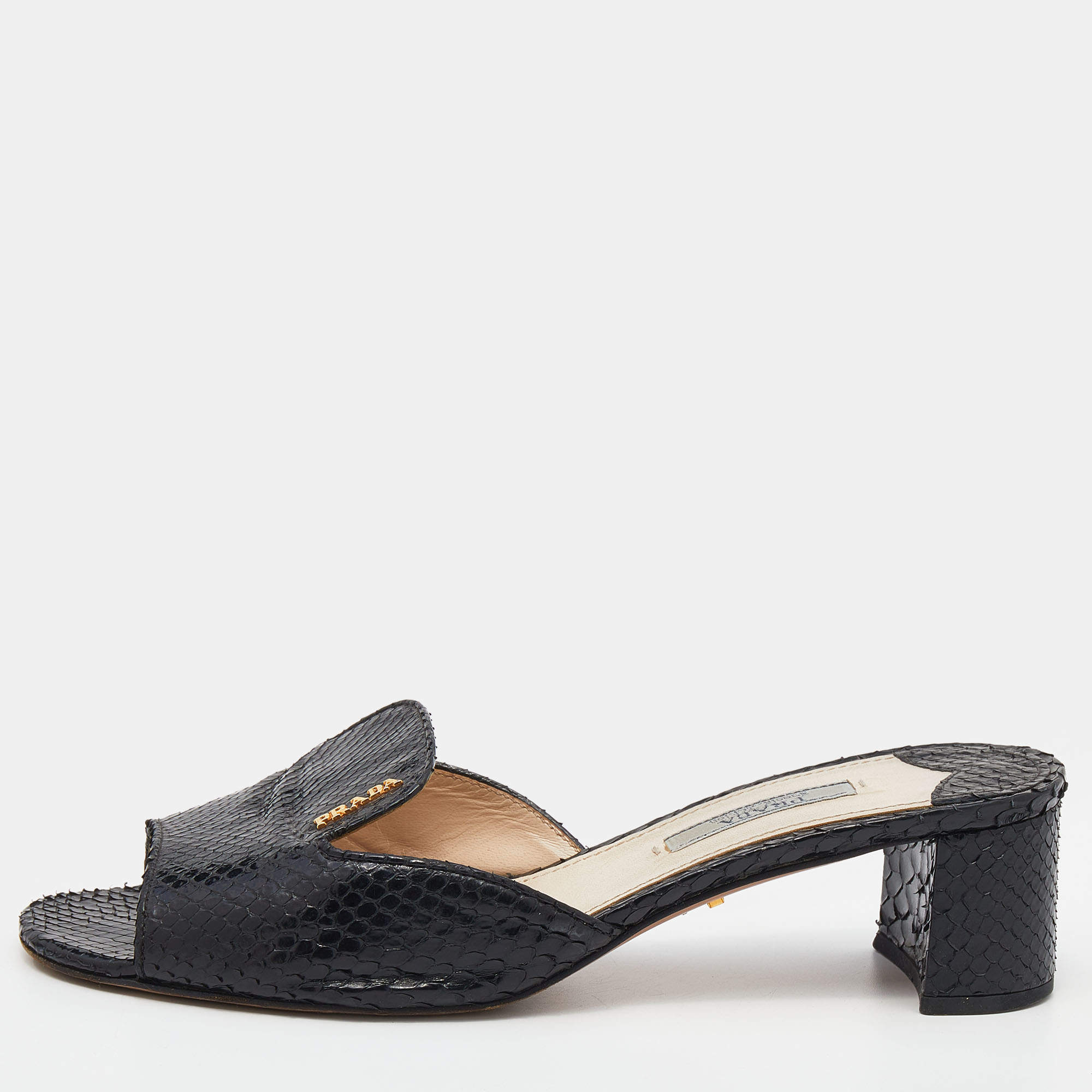 Pre Owned Prada Black Python Leather Slide Block Heel Sandals Size 37