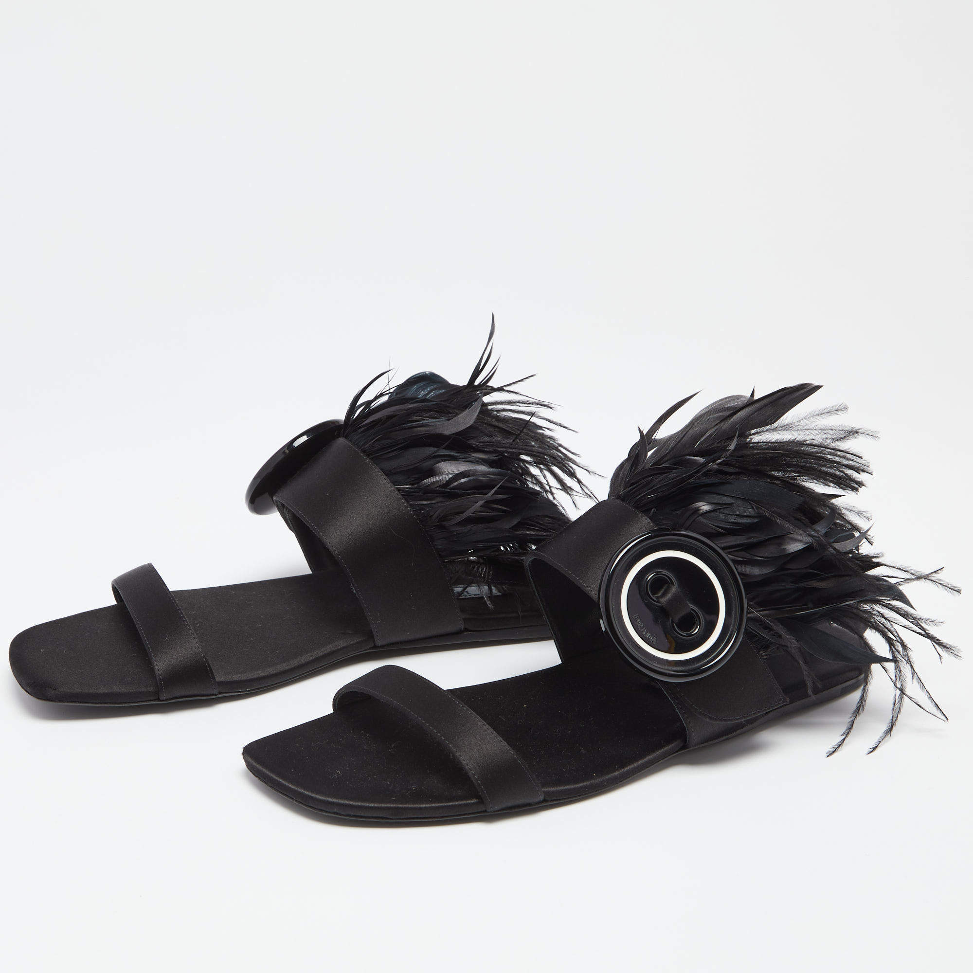 Prada Black Satin and Ostrich Feather Trim Slingback Flat Sandals Size 37  Prada | TLC