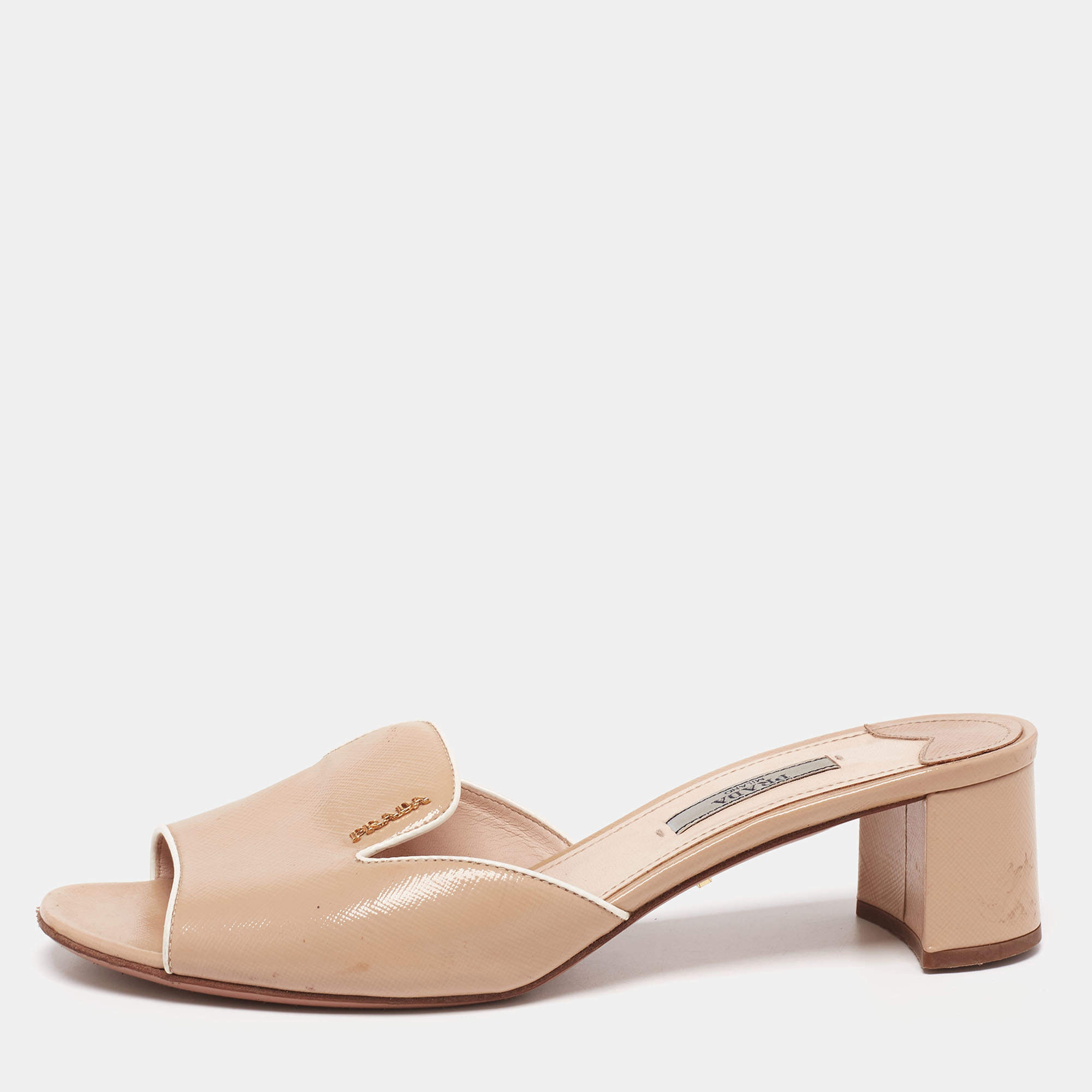 Pre Owned Prada Beige Saffiano Leather Block Heel Slide Sandals Size 39