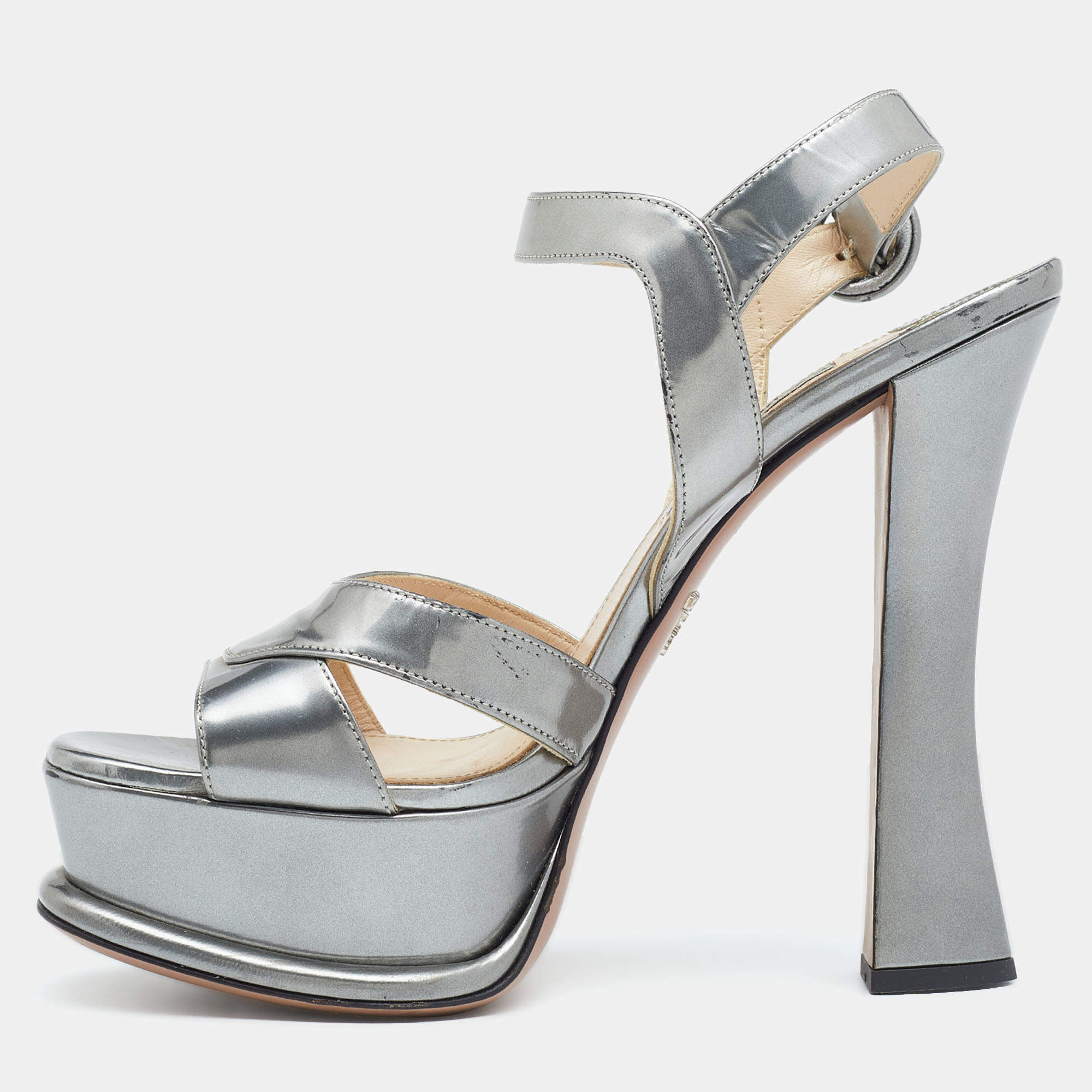 Pre Owned Prada Grey Patent Leather Platform Ankle Strap Sandals Size 38