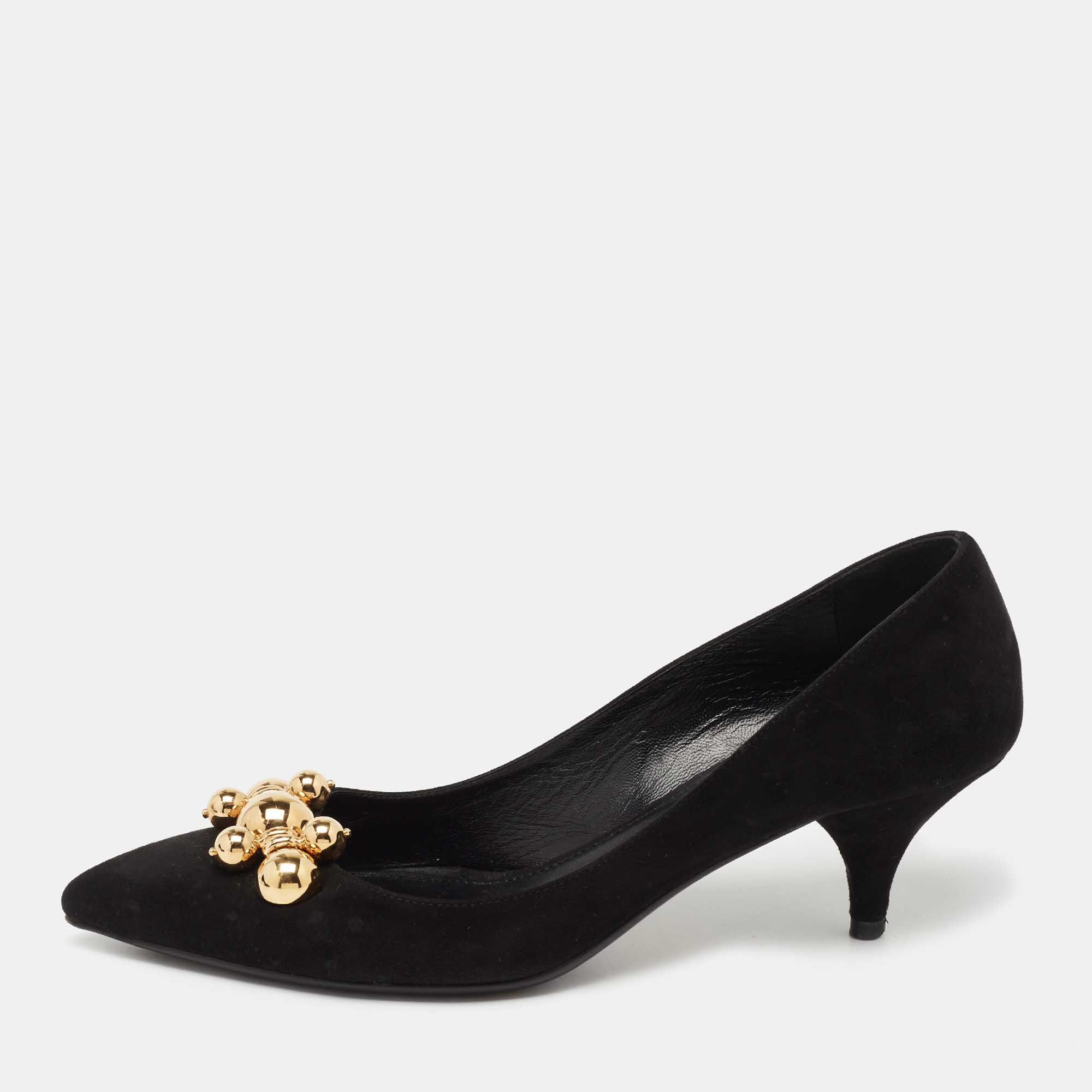 Pre Owned Prada Black Suede Embellished Kitten Heels Pumps Size 37