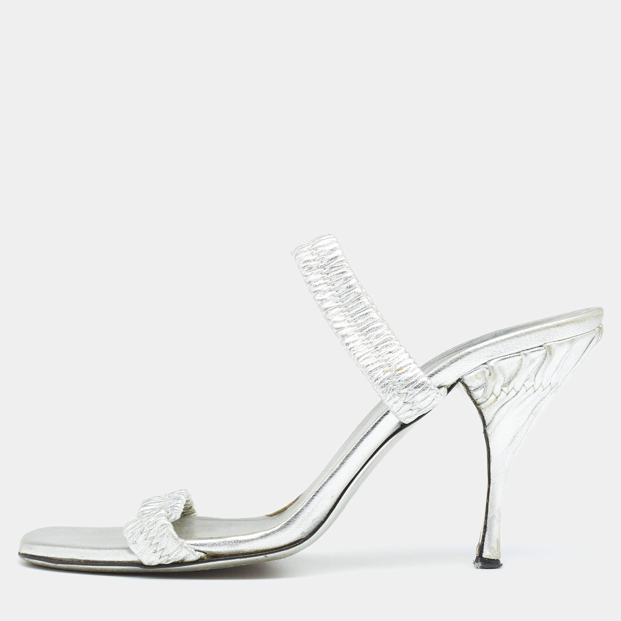 Prada Silver Leather Slide Sandals Size 37.5