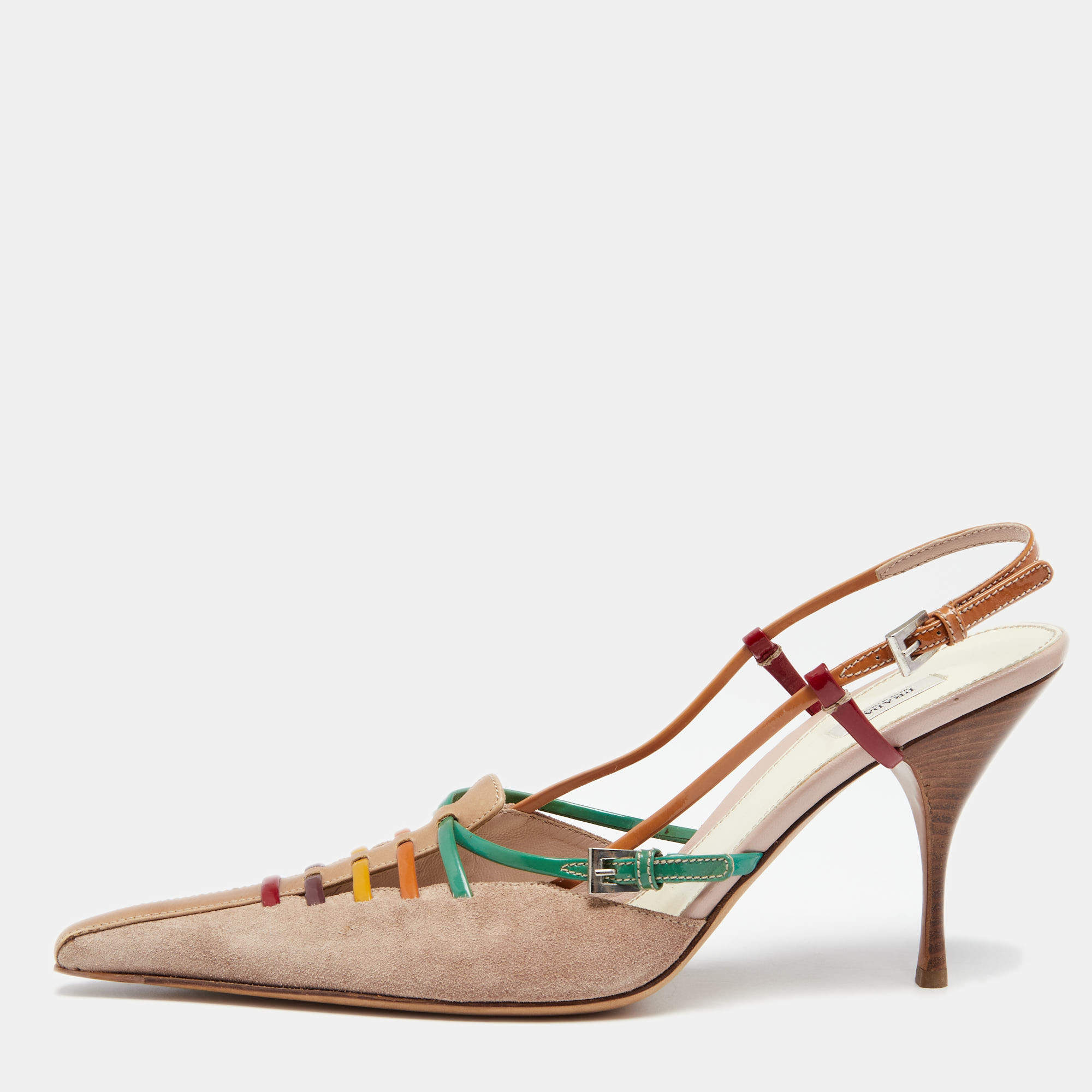 Pre Owned Prada Beige/Multicolor Suede, Leather and Patent Slingback Pumps Size 41