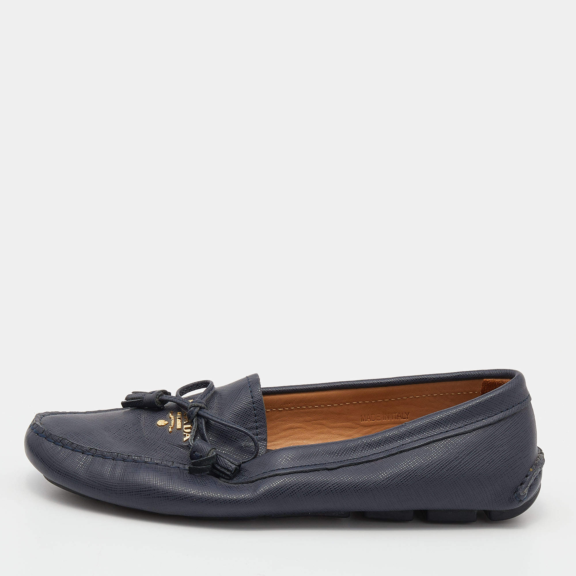 Pre Owned Prada Navy Blue Saffiano Leather Bow Slip On Loafers Size 39