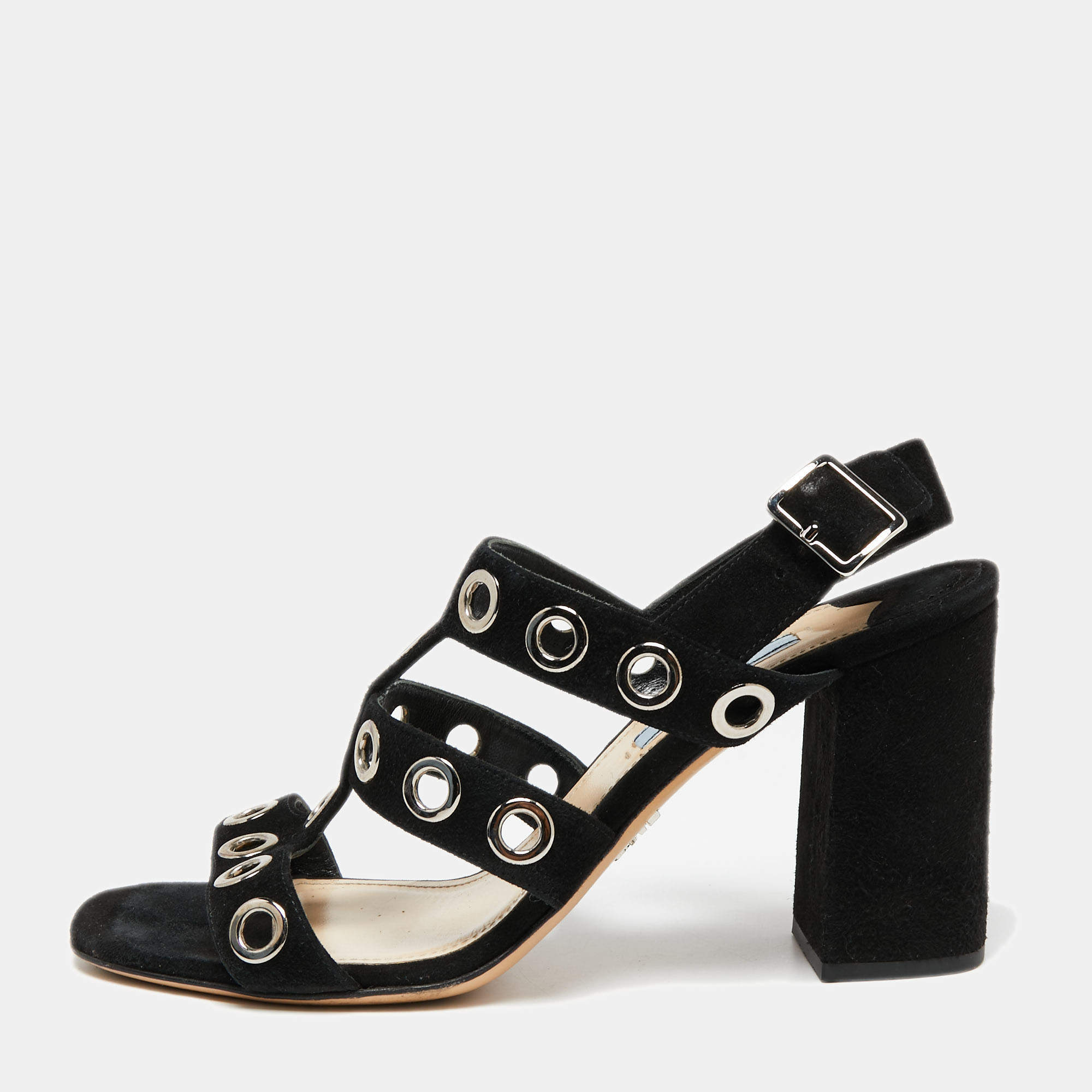 Pre Owned Prada Black Suede Grommet Block Heel Slingback Sandals Size 37.5