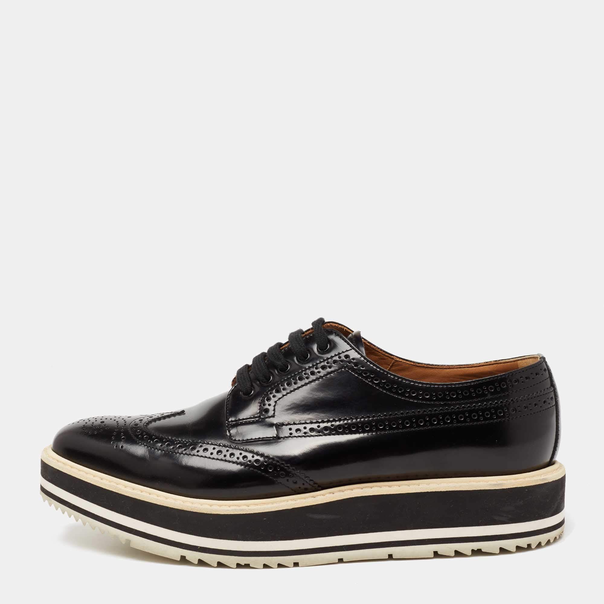 Pre Owned Prada Black Brogue Leather Wingtip Platform Derby Sneakers Size 41.5