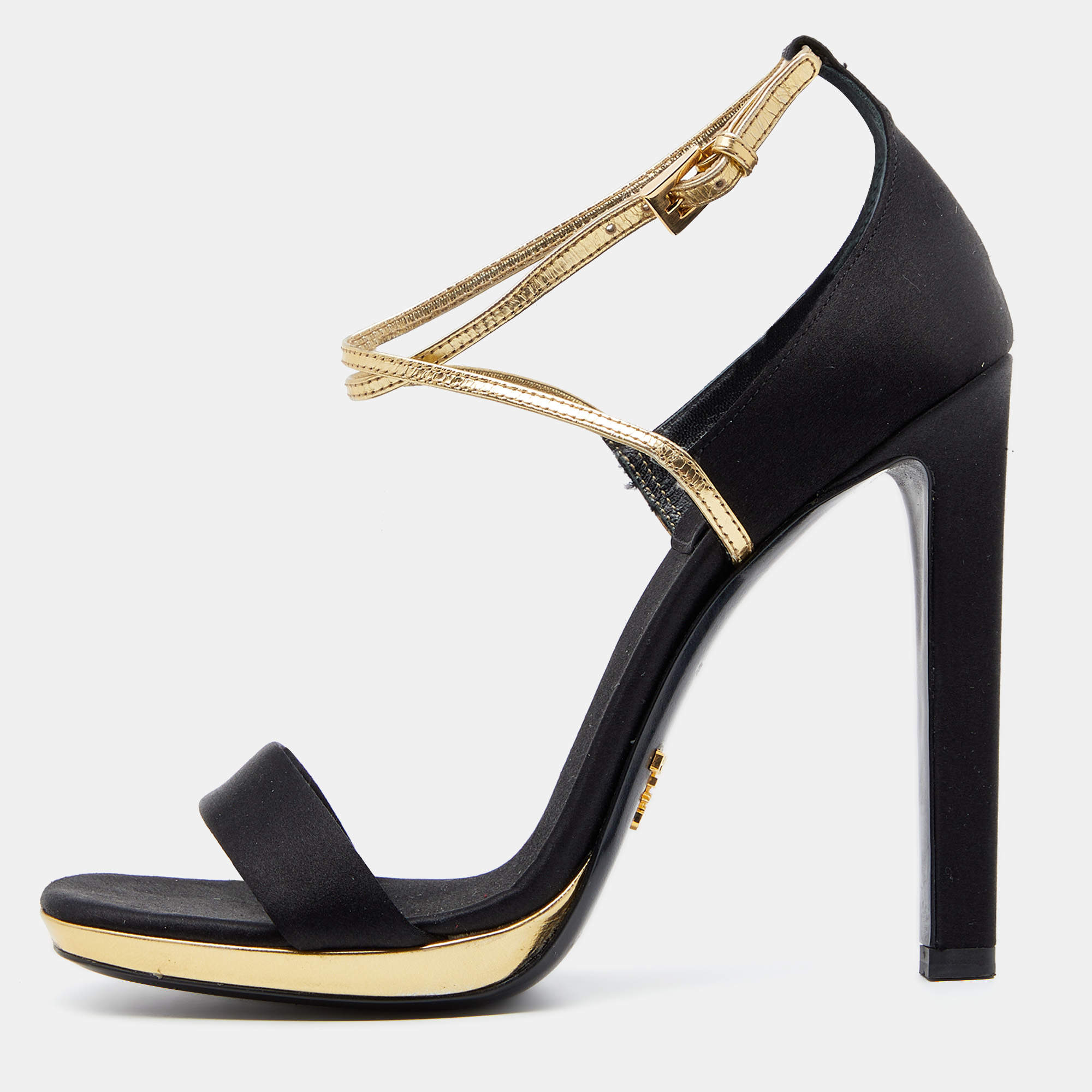 Pre Owned Prada Black/Gold Satin And Leather Criss Cross Ankle Strap Sandals Size 37