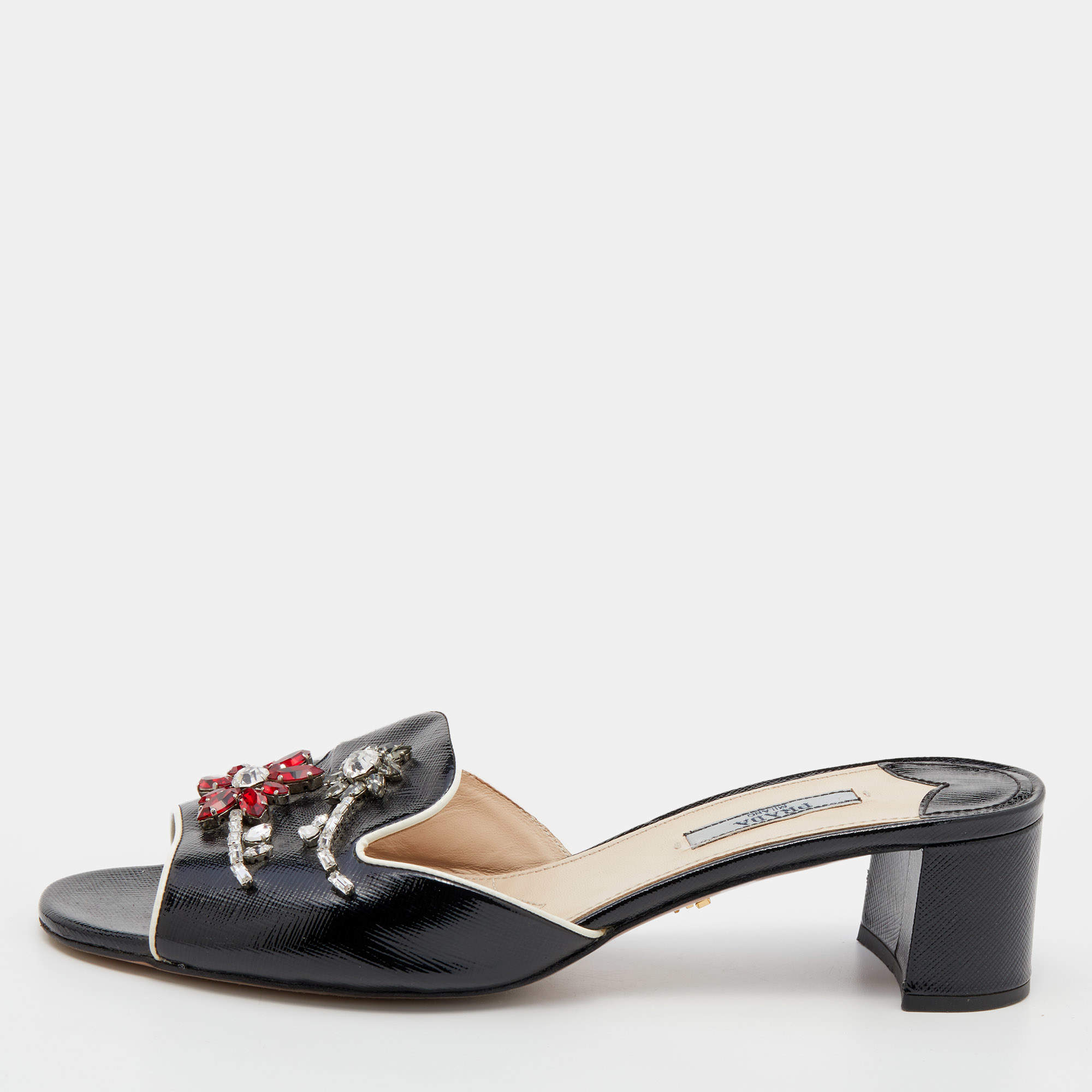 Prada Black Patent Saffiano Leather Crystal Embellished Slide Sandals Size 39.5
