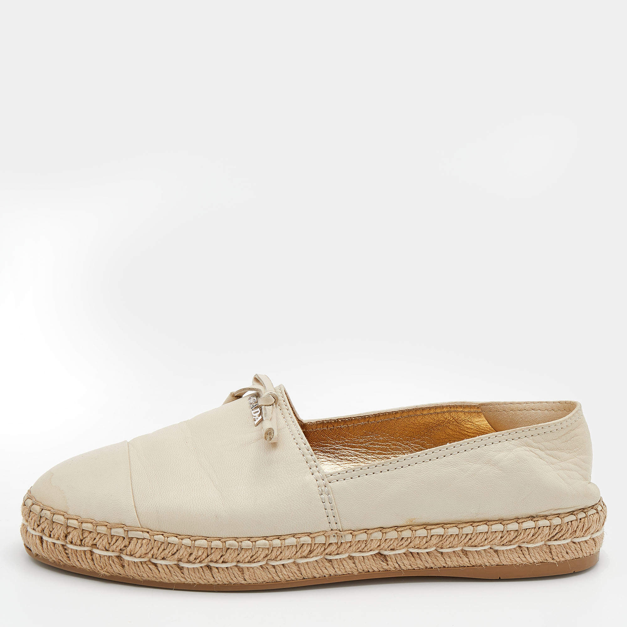 Pre Owned Prada Beige Leather Bow Detail Espadrilles Size 37.5