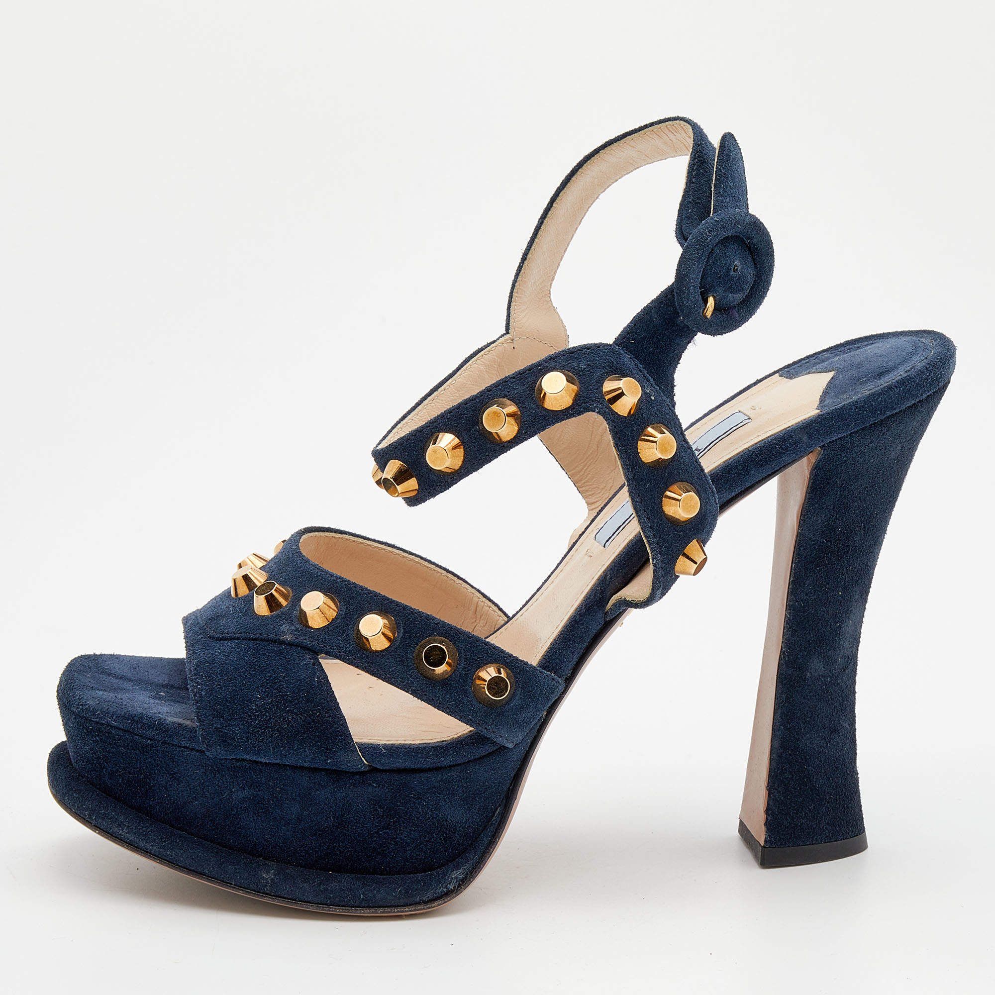 Prada Dark Blue Suede Studded Ankle Strap Platform Sandals Size 36.5