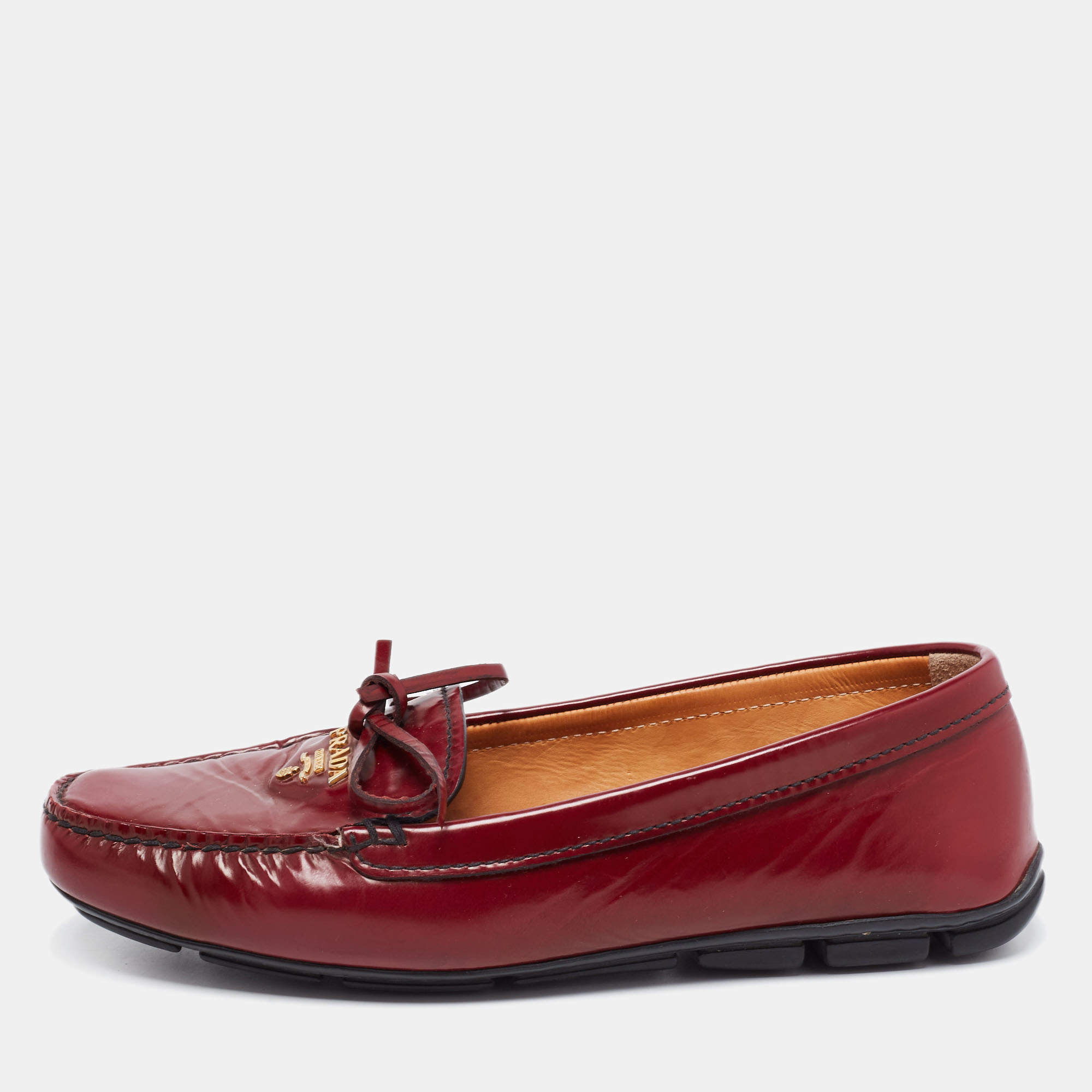 Prada Red Glossy Leather Bow Slip On Loafers Size 36