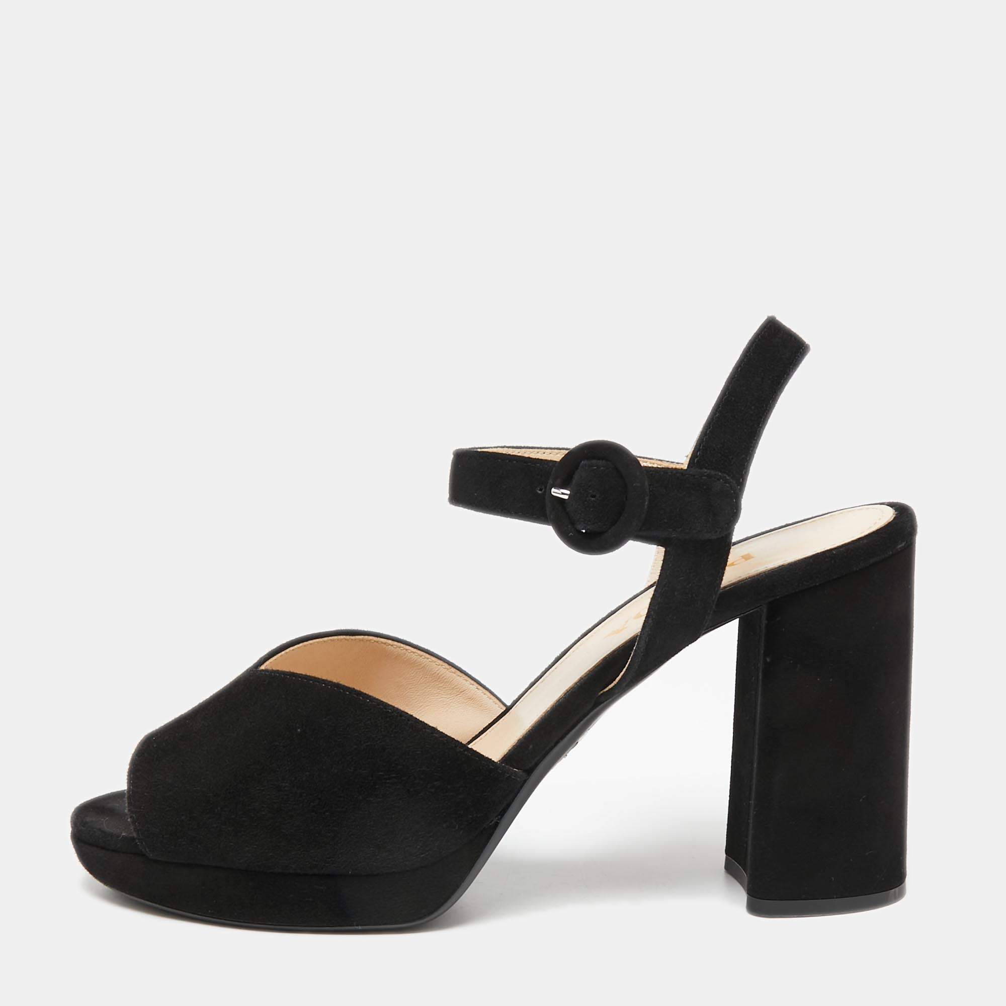 Pre Owned Prada Black Suede Ankle-Strap Block Heel Platform Sandals Size 38