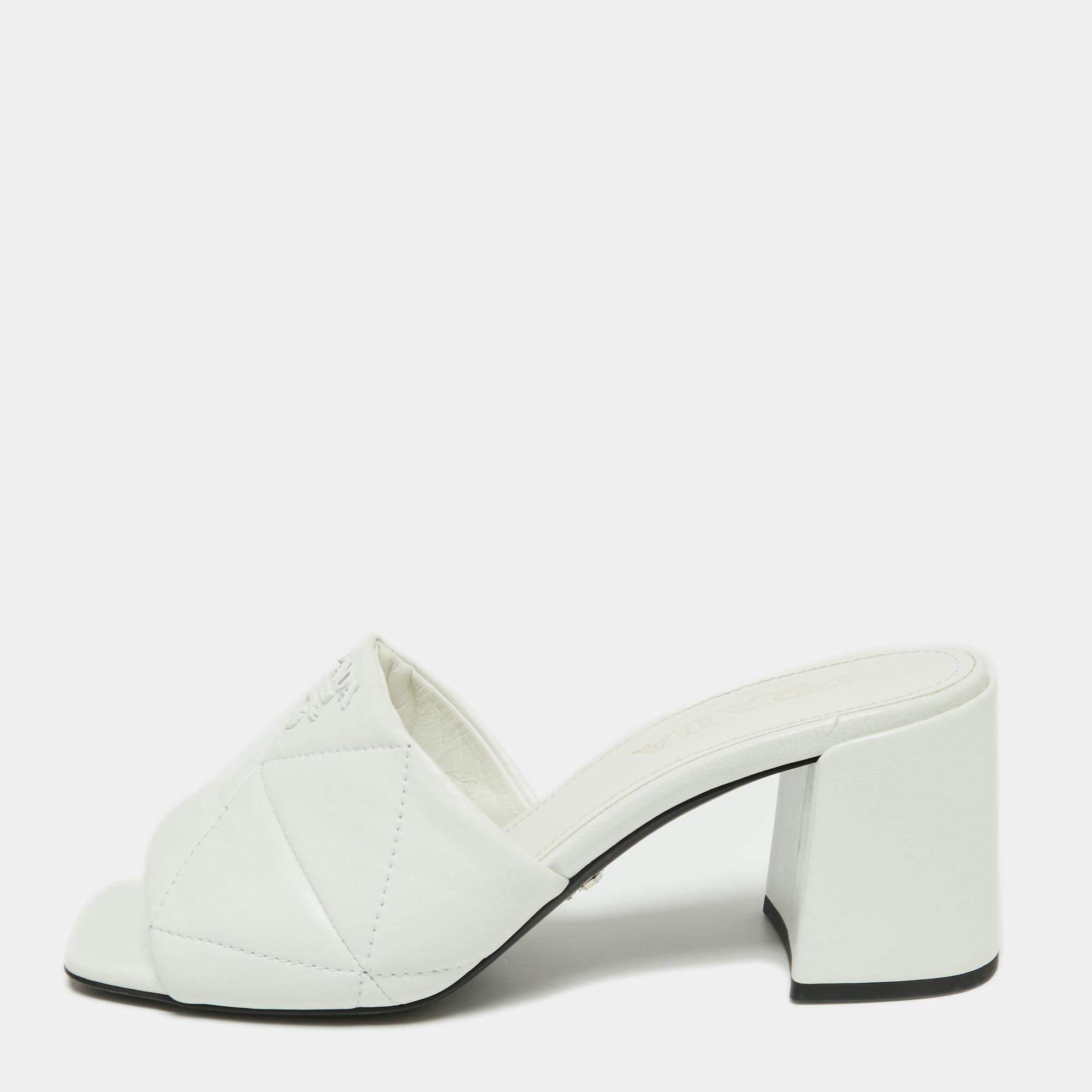 Pre Owned Prada White Quilted Leather Slide Sandals Size 36.5