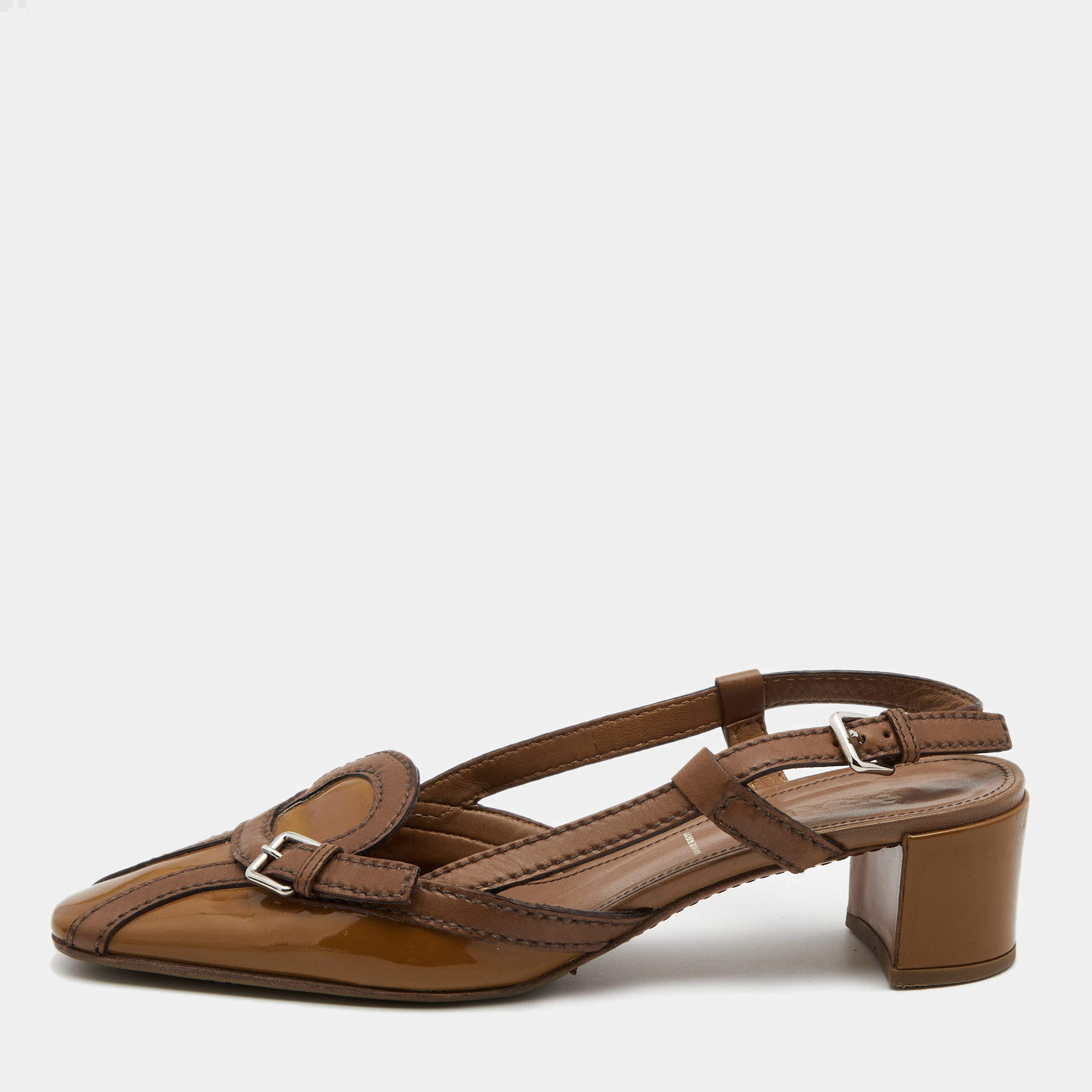 Pre Owned Prada Brown Leather And Patent Slingback Sandals Size 37.5