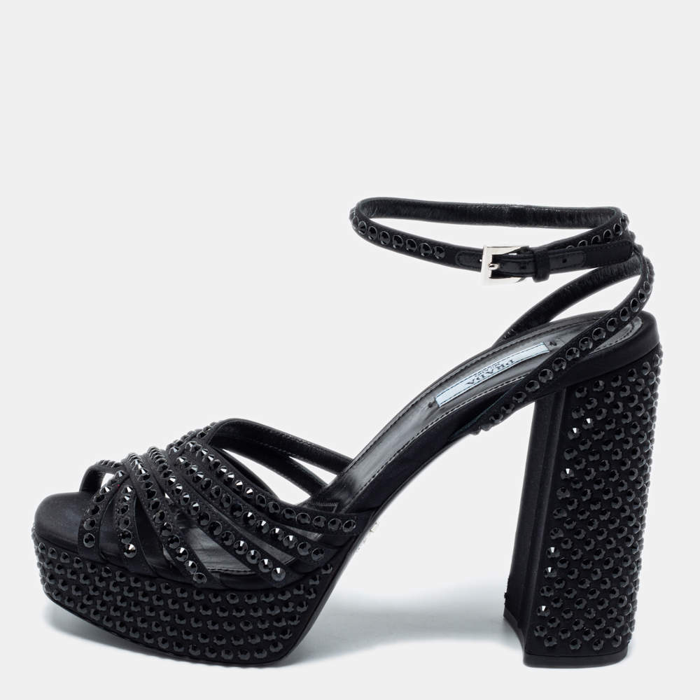 Pre Owned Prada Black Fabric Crystal Embellished Platform Block Heel Ankle Strap Sandals Size 40.5