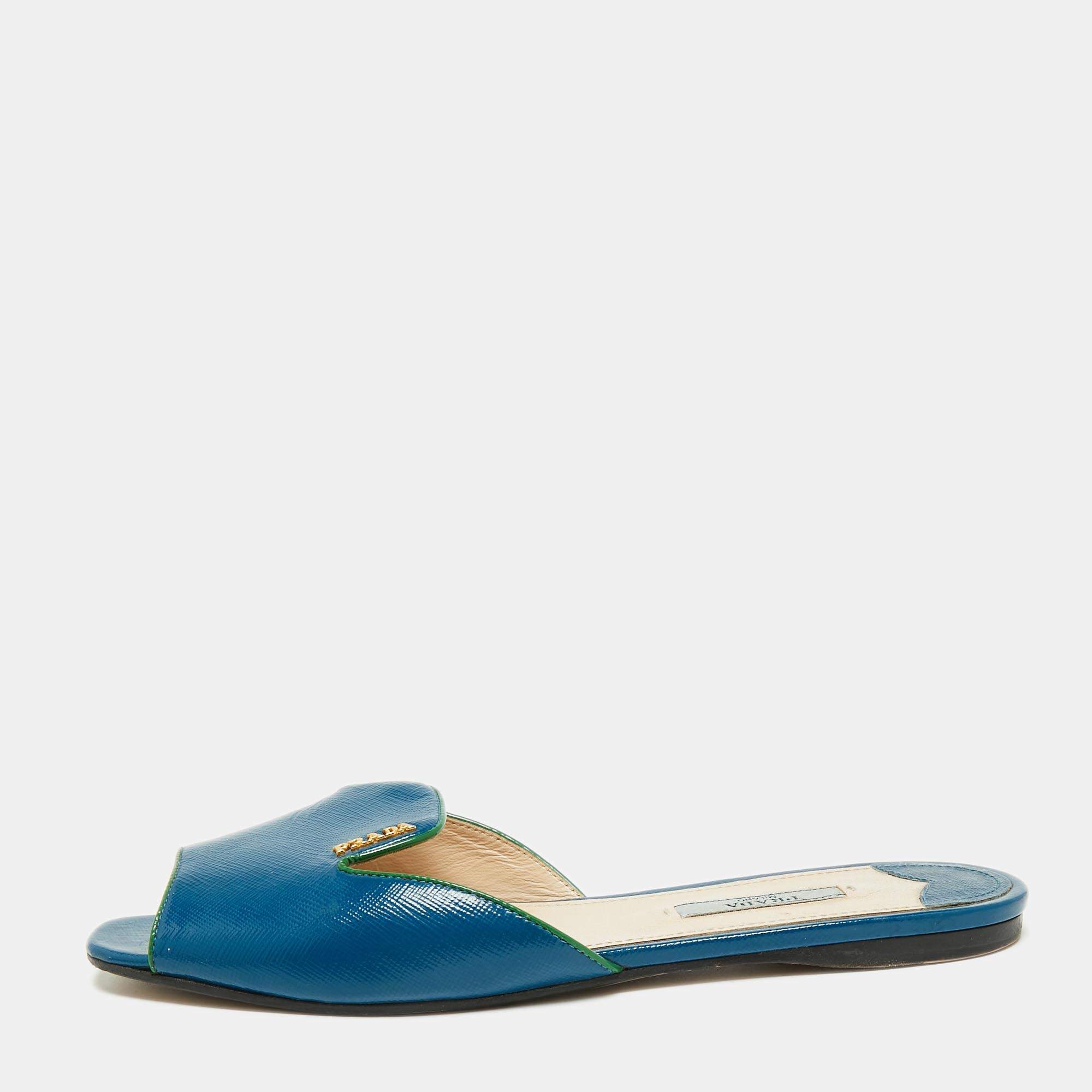 Pre Owned Prada Blue Saffiano Vernice Leather Flat Slides Size 38.5