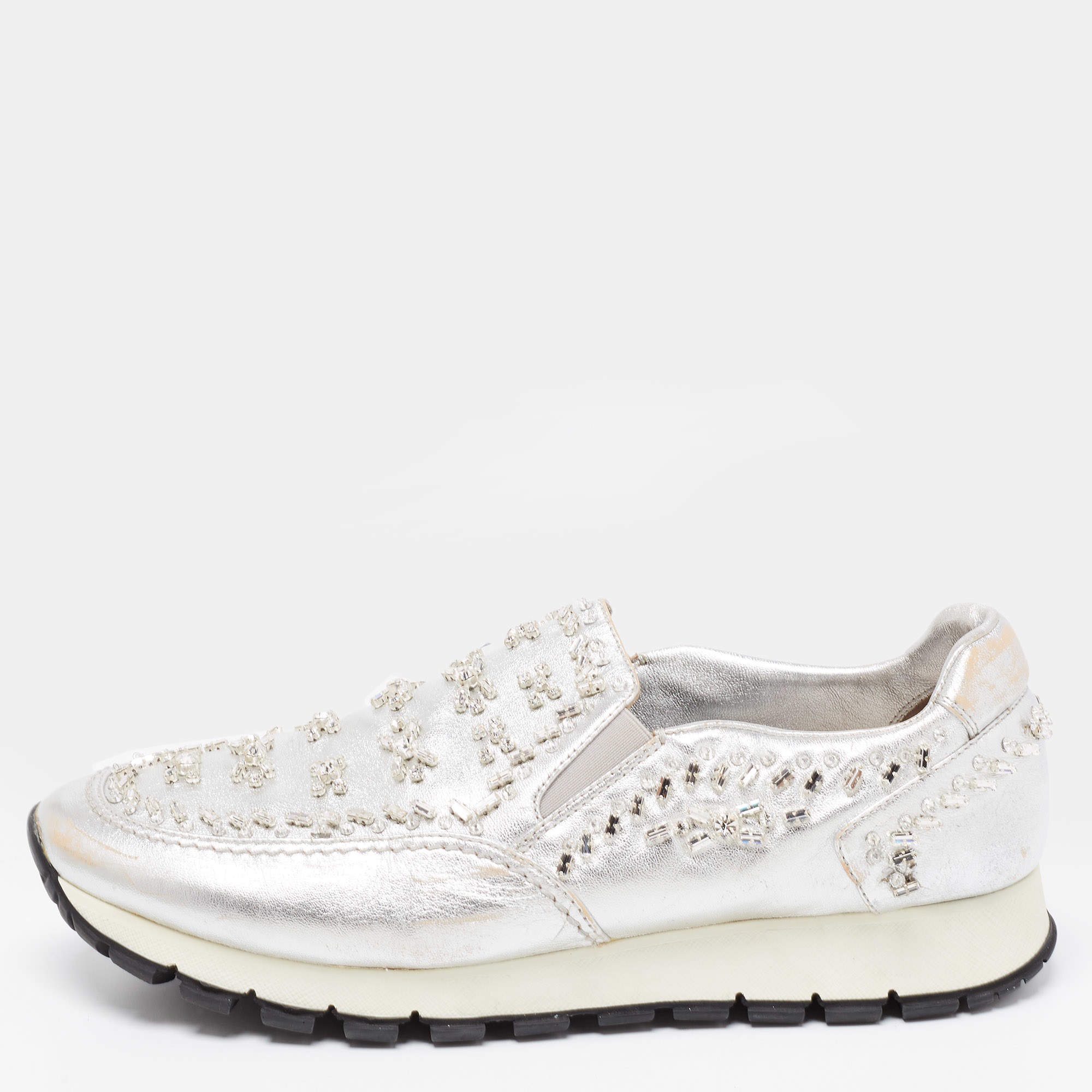 Pre Owned Prada Silver Leather Embellished Slip On Sneakers Size 41
