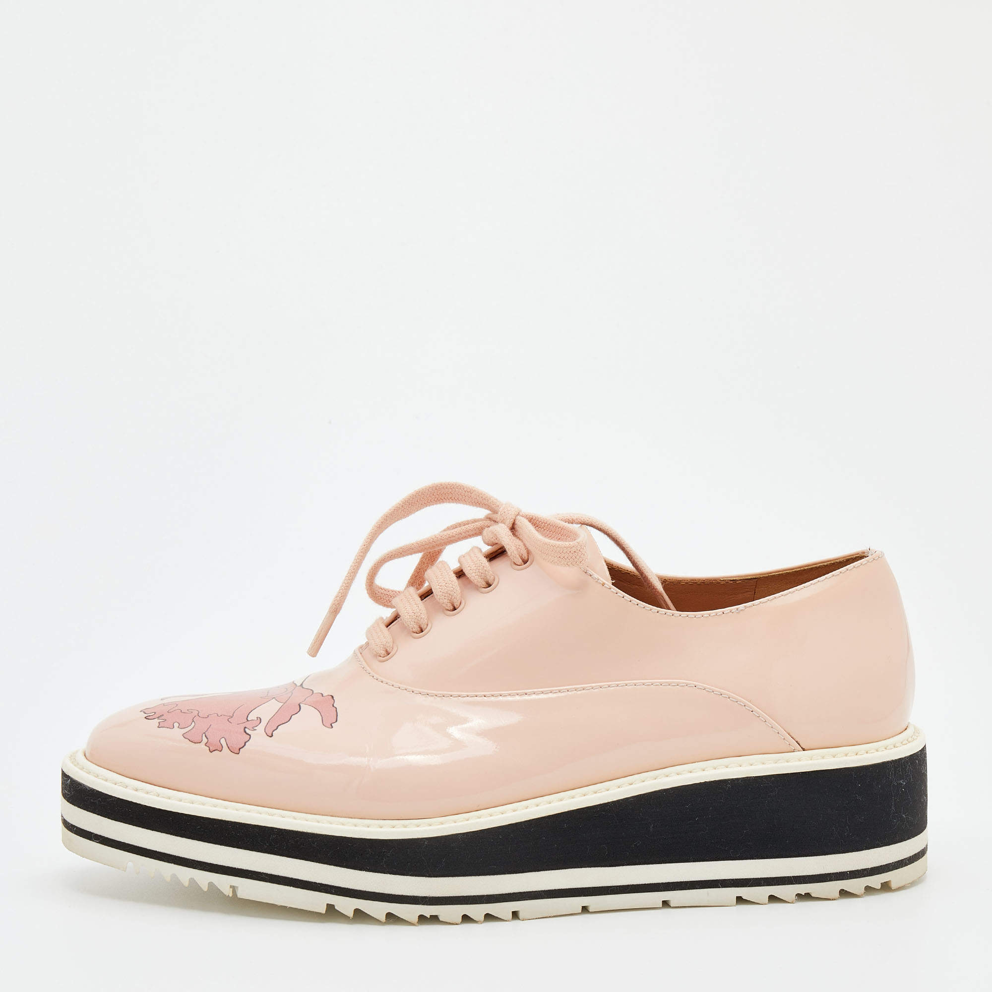 Prada Pink Leather Flower Print Platform Lace Up Oxford Size 38.5