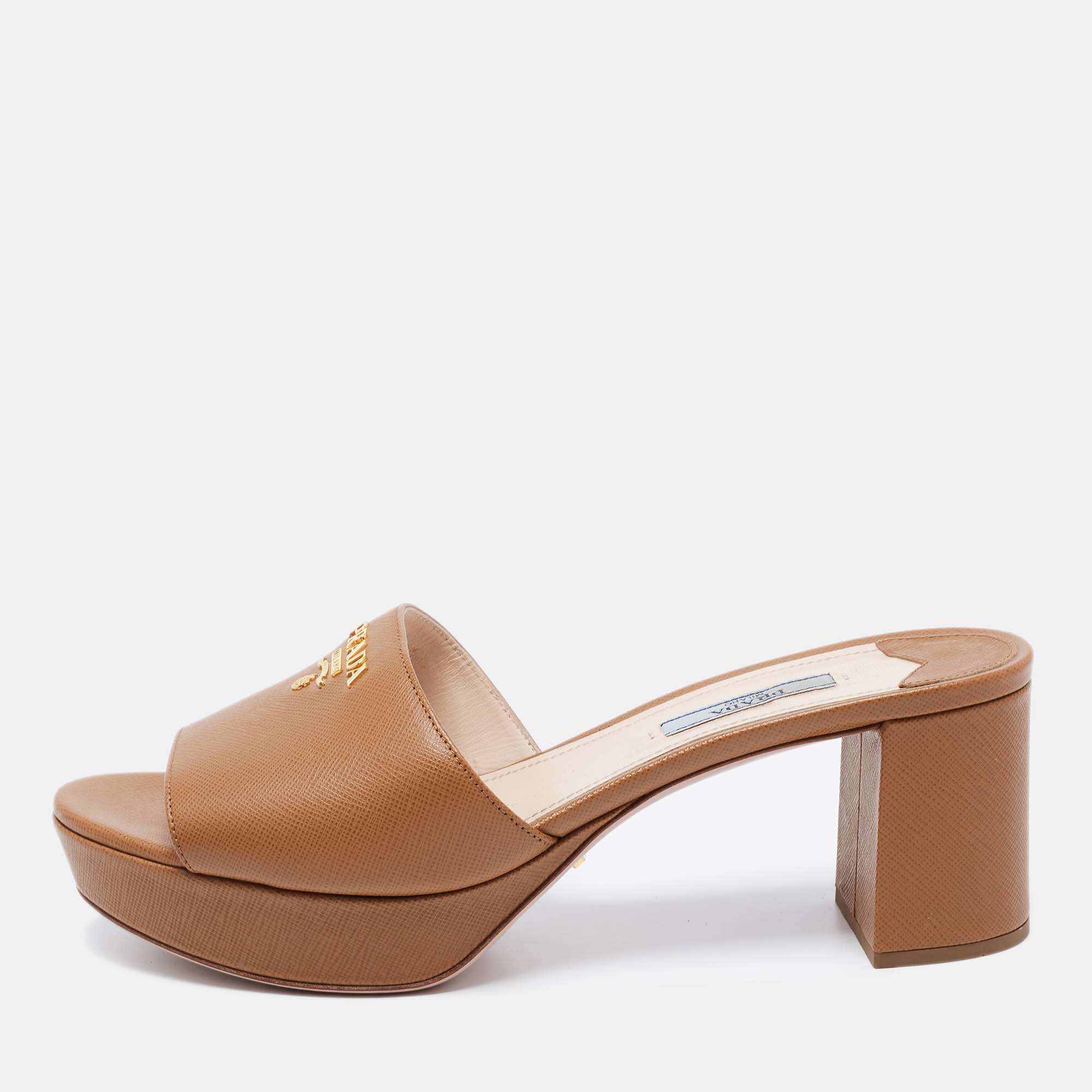 Prada Tan Saffiano Leather Slide Sandals Size 39.5