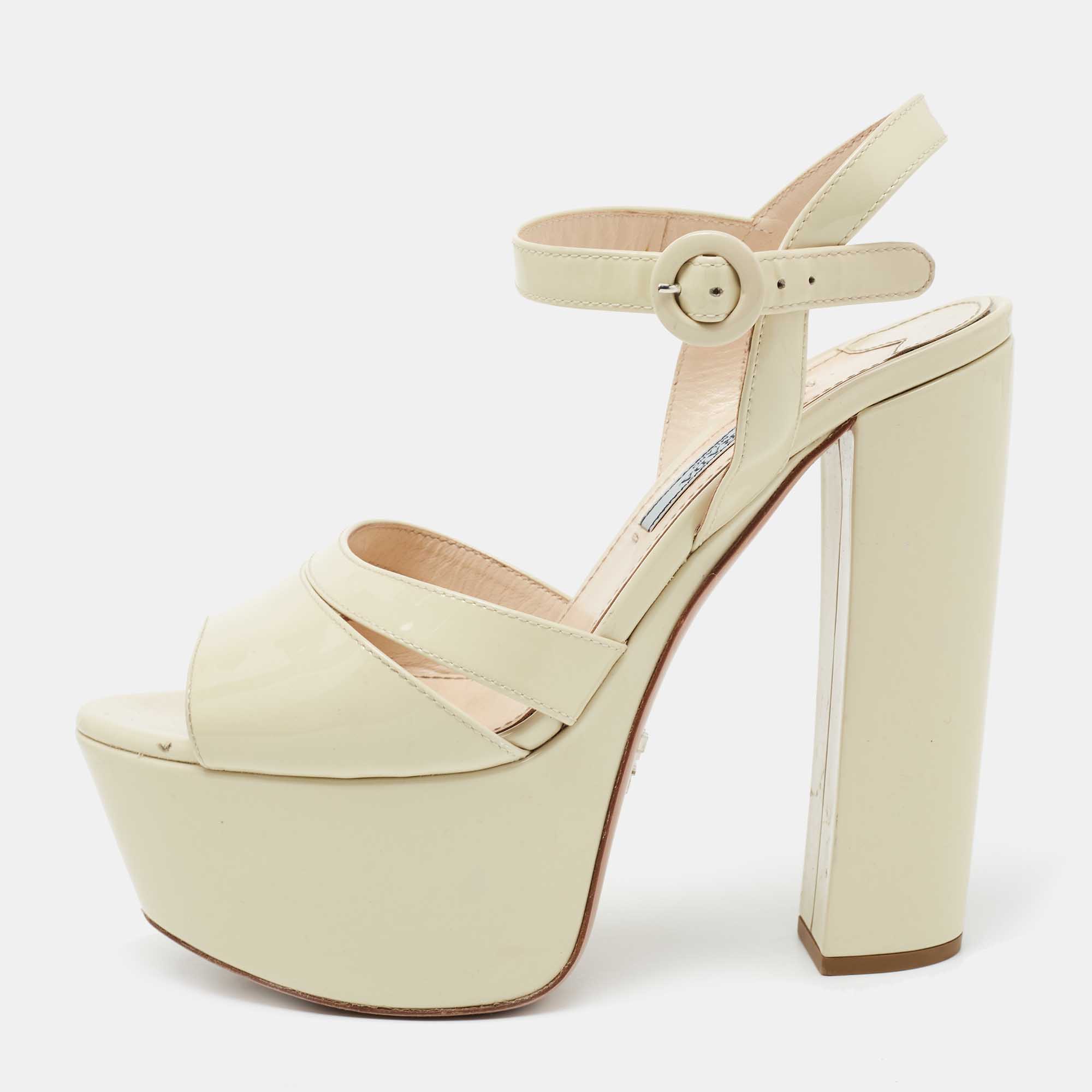 Pre Owned Prada Cream Patent Leather Platform Ankle Strap Sandals Size 36.5