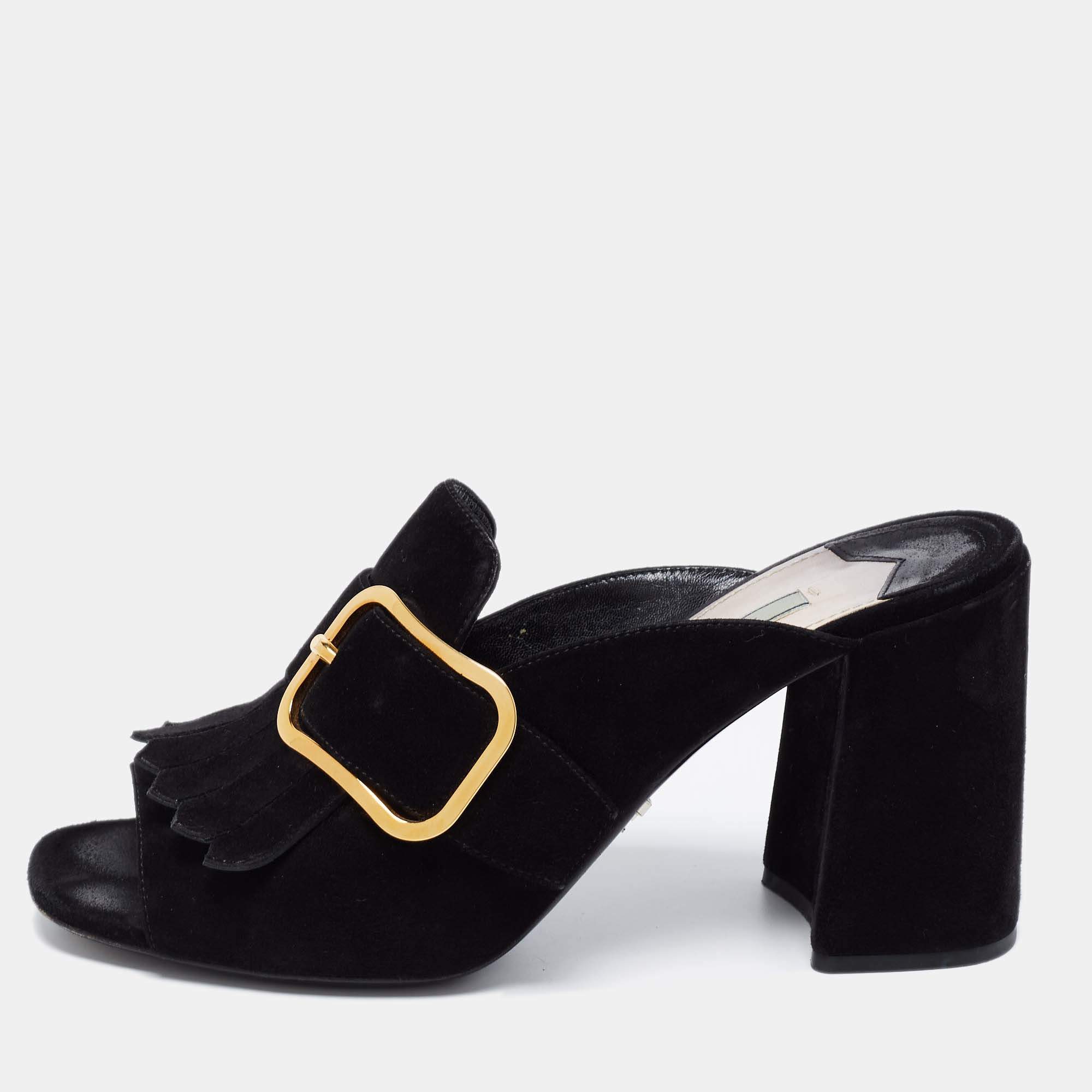 Pre Owned Prada Black Suede Buckle Fringe Block Heel Mules Size 38