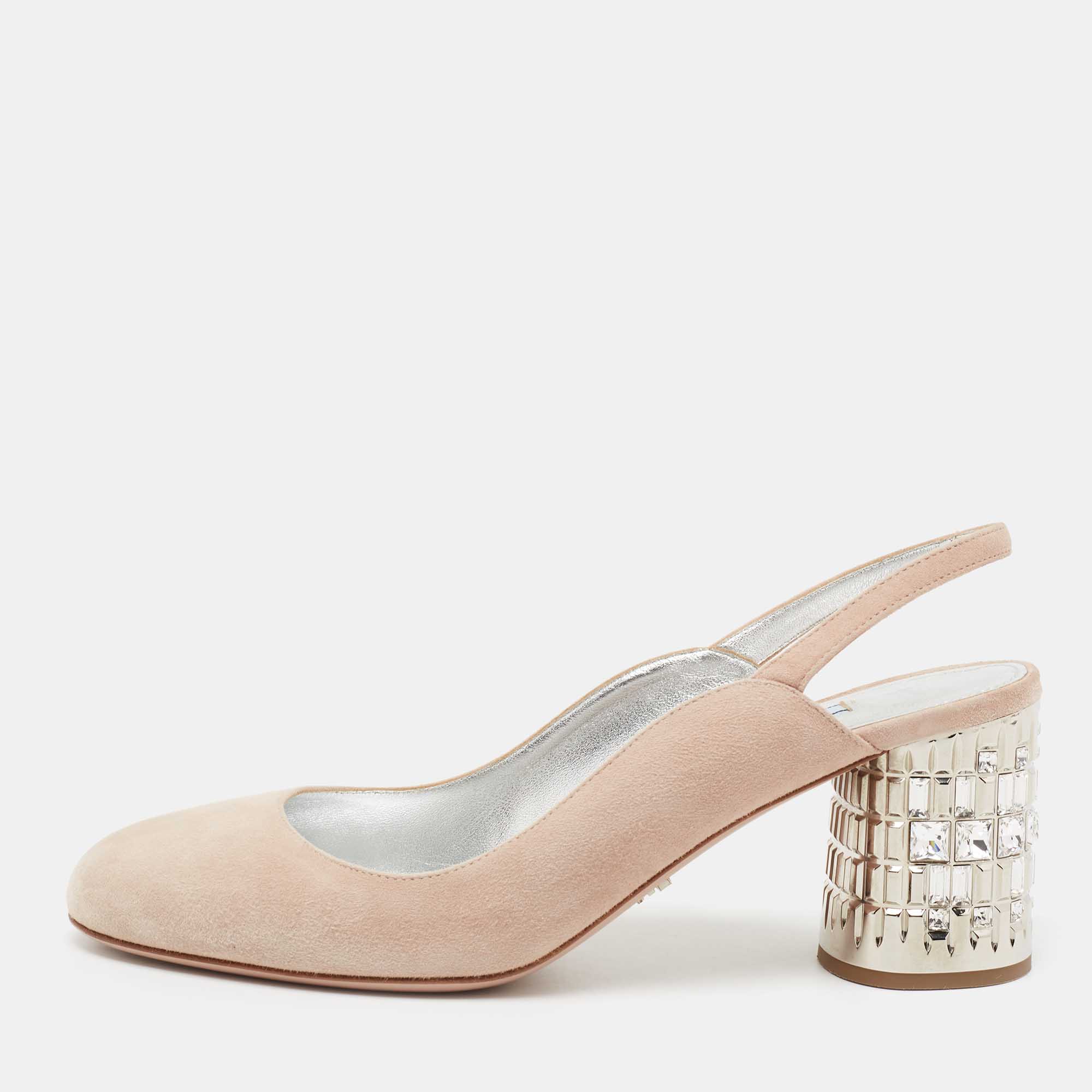 Pre Owned Prada Beige Suede Crystal Embellished Heels Slingback Pumps Size 39