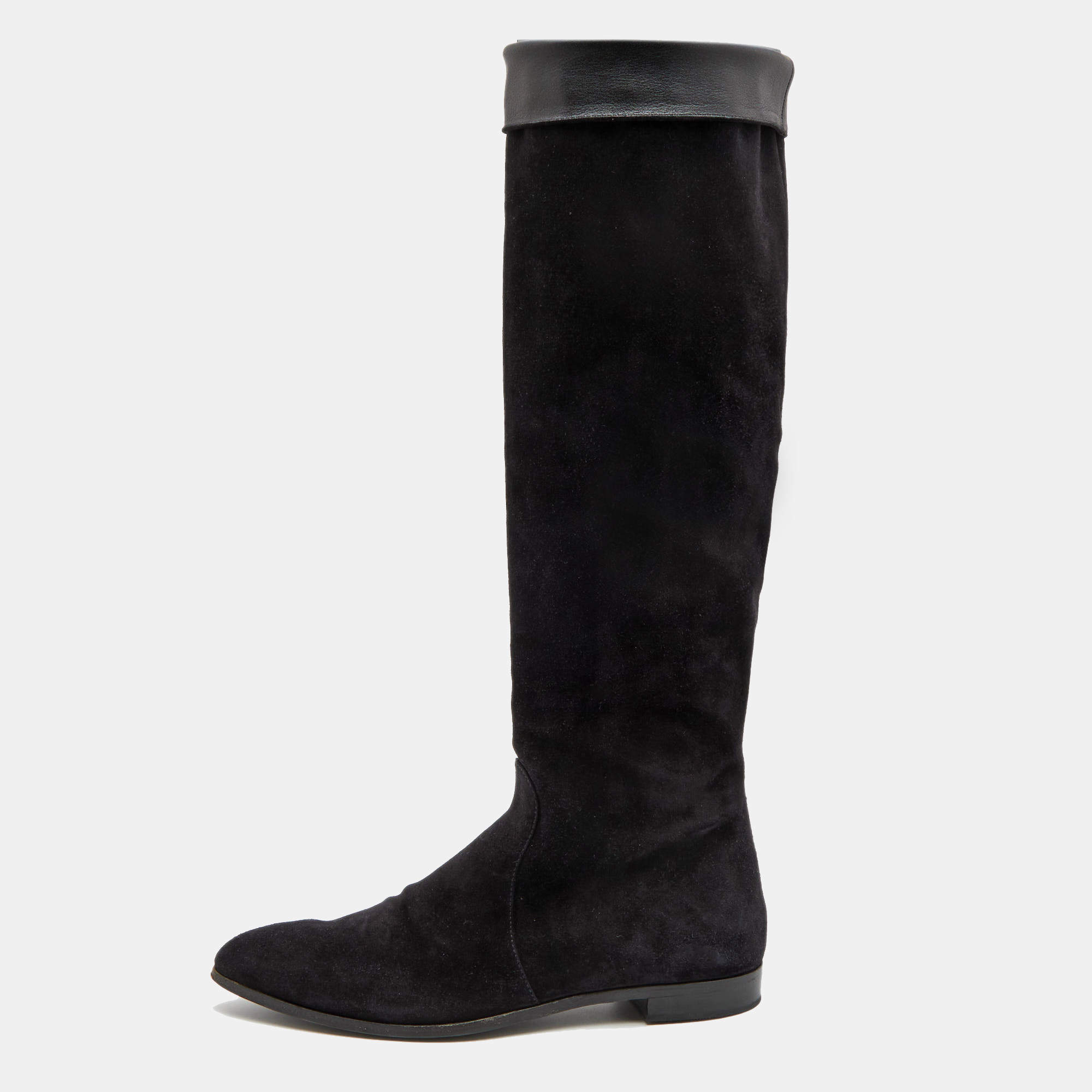 Pre Owned Prada Black Suede Knee Length Boots Size 40.5