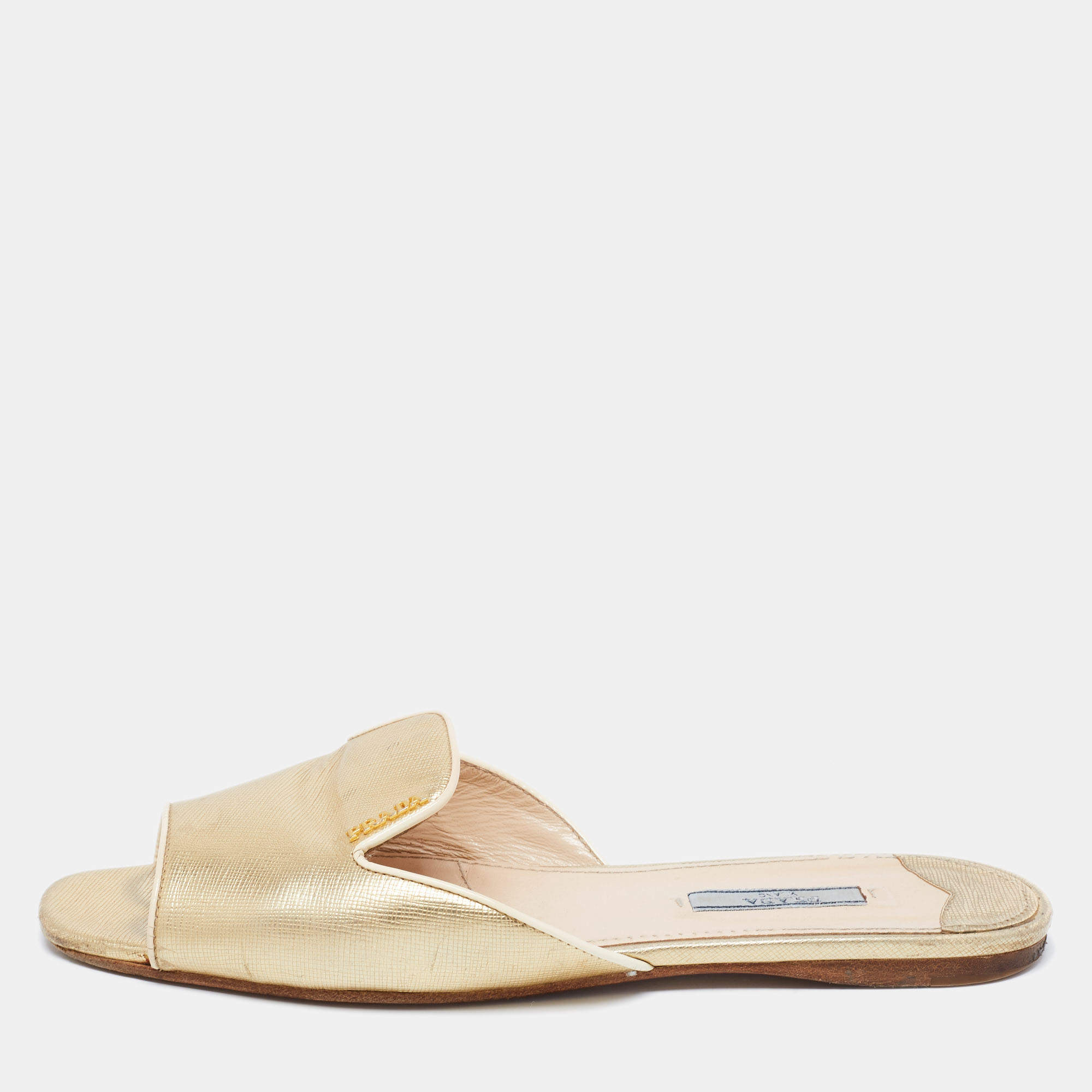 Pre Owned Prada Gold Saffiano Leather Flat Sandals Size 39.5