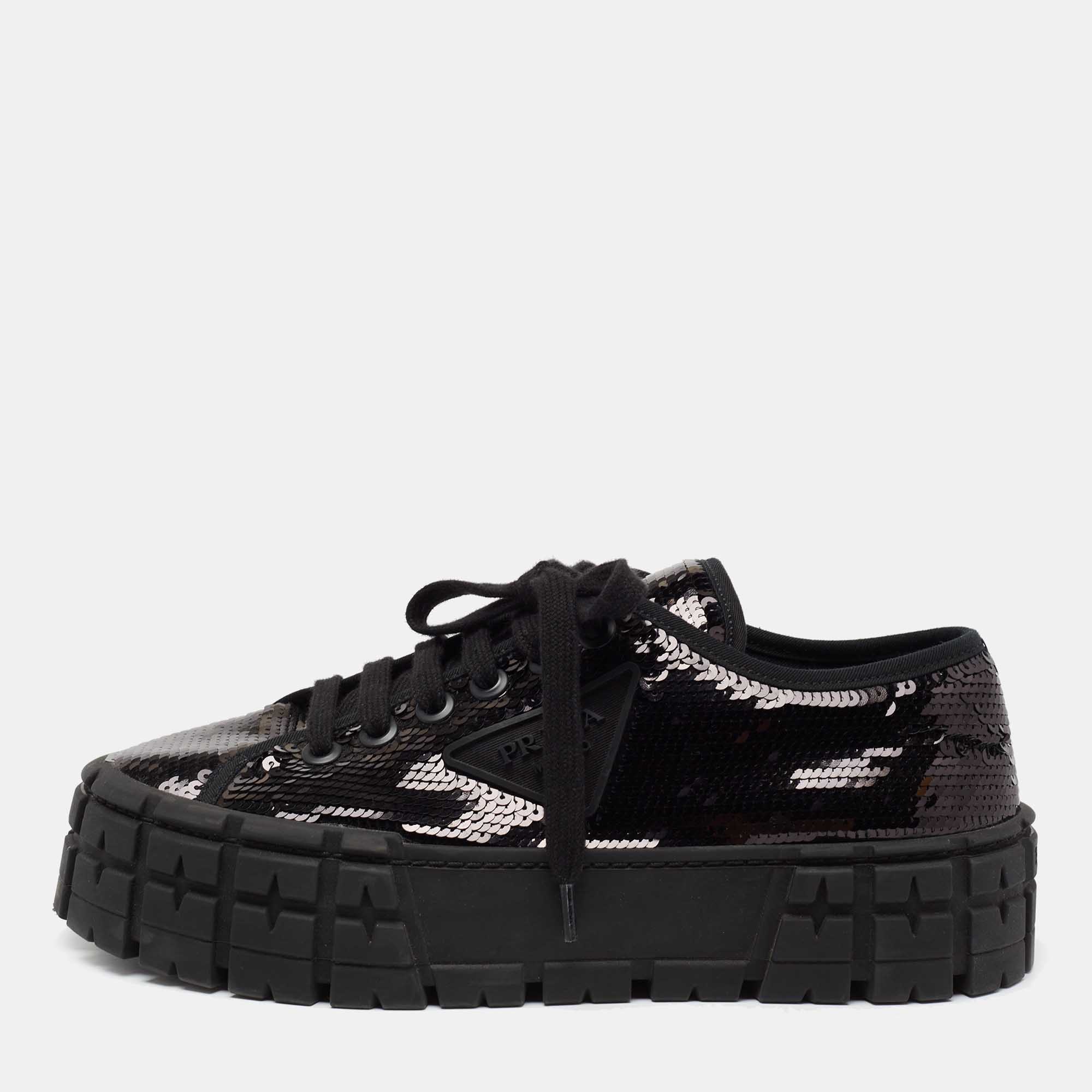 Pre Owned Prada Black Sequin Double Wheel Platform Sneakers Size 38.5