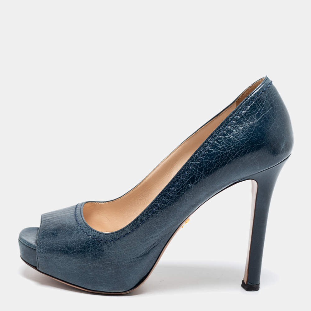 Pre Owned Prada Blue Leather Peep-Toe Platform Pumps Size 39