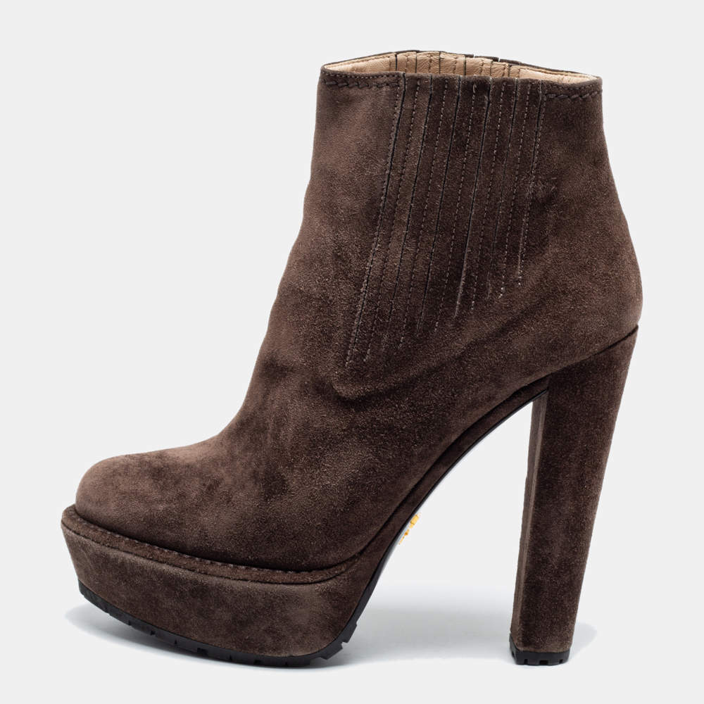 Pre Owned Prada Brown Suede Platform Ankle Boots Size 37