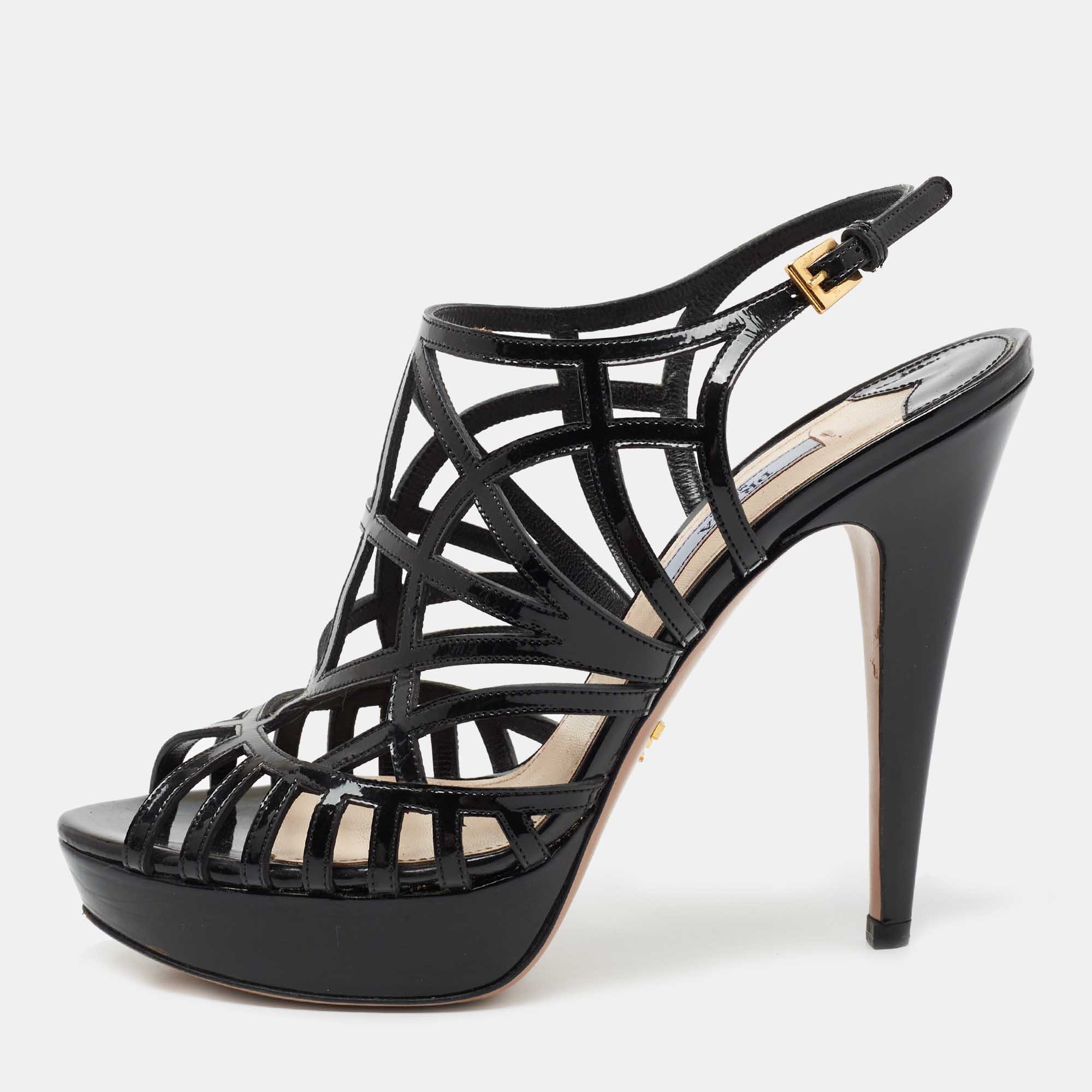 Prada Black Patent Leather Caged Platform Sandals Size  Prada | TLC