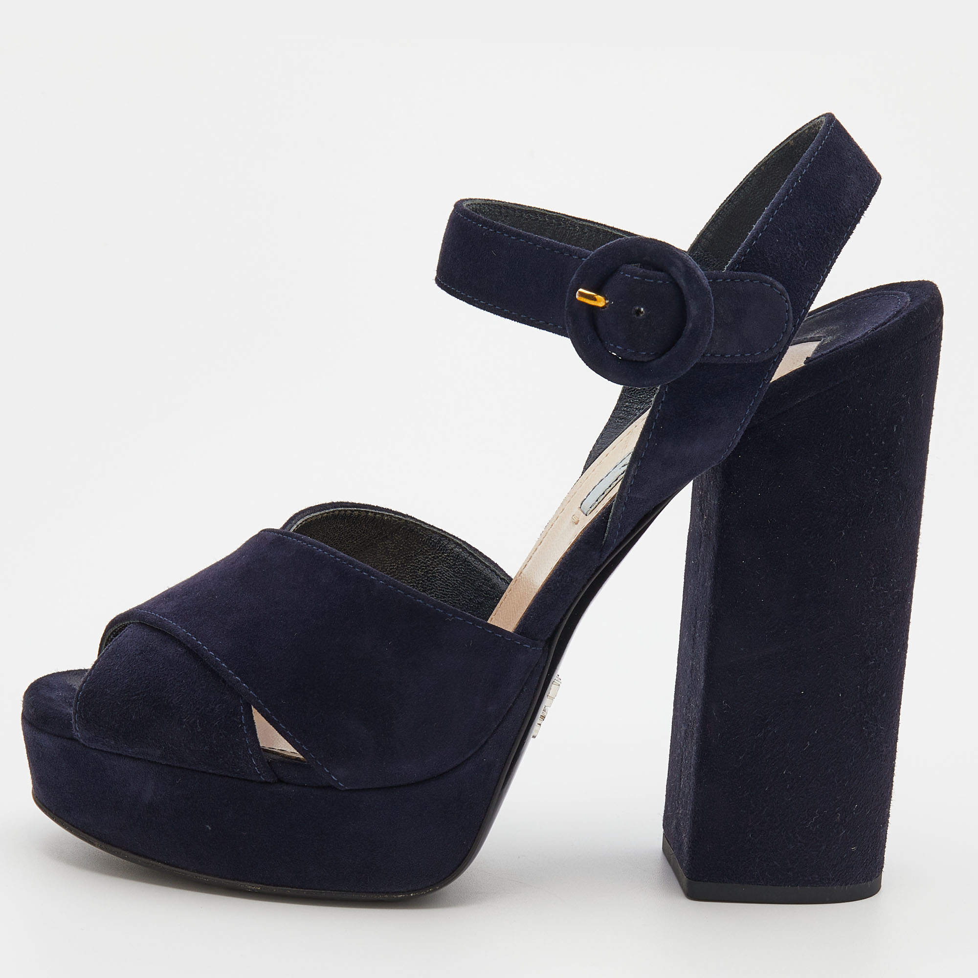 Pre Owned Prada Navy Blue Suede Ankle Strap Platform Sandals Size 38